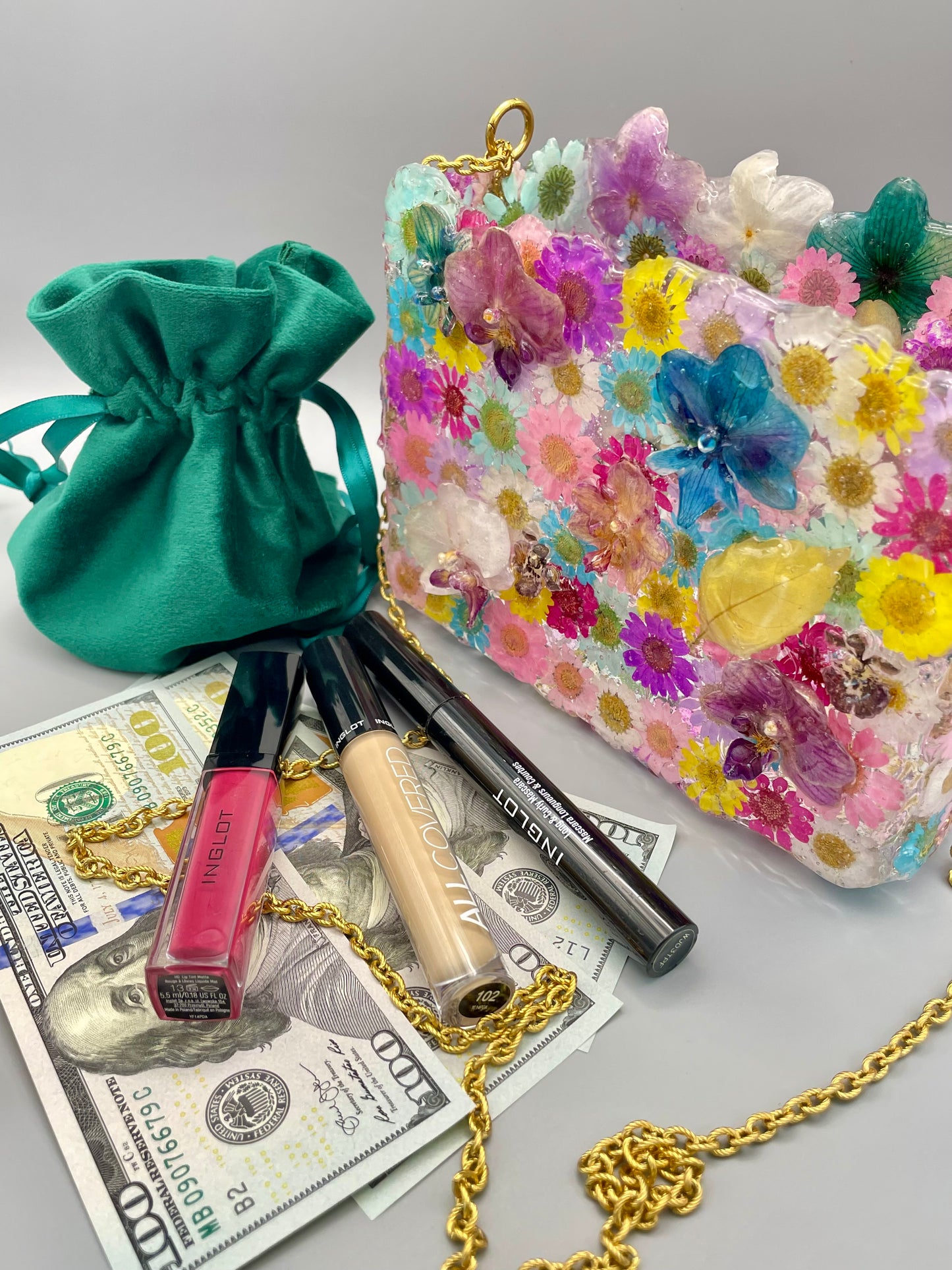 One-of-a-Kind Floral Designer Bag β Real Orchids & Dried Flowers in UV Resin