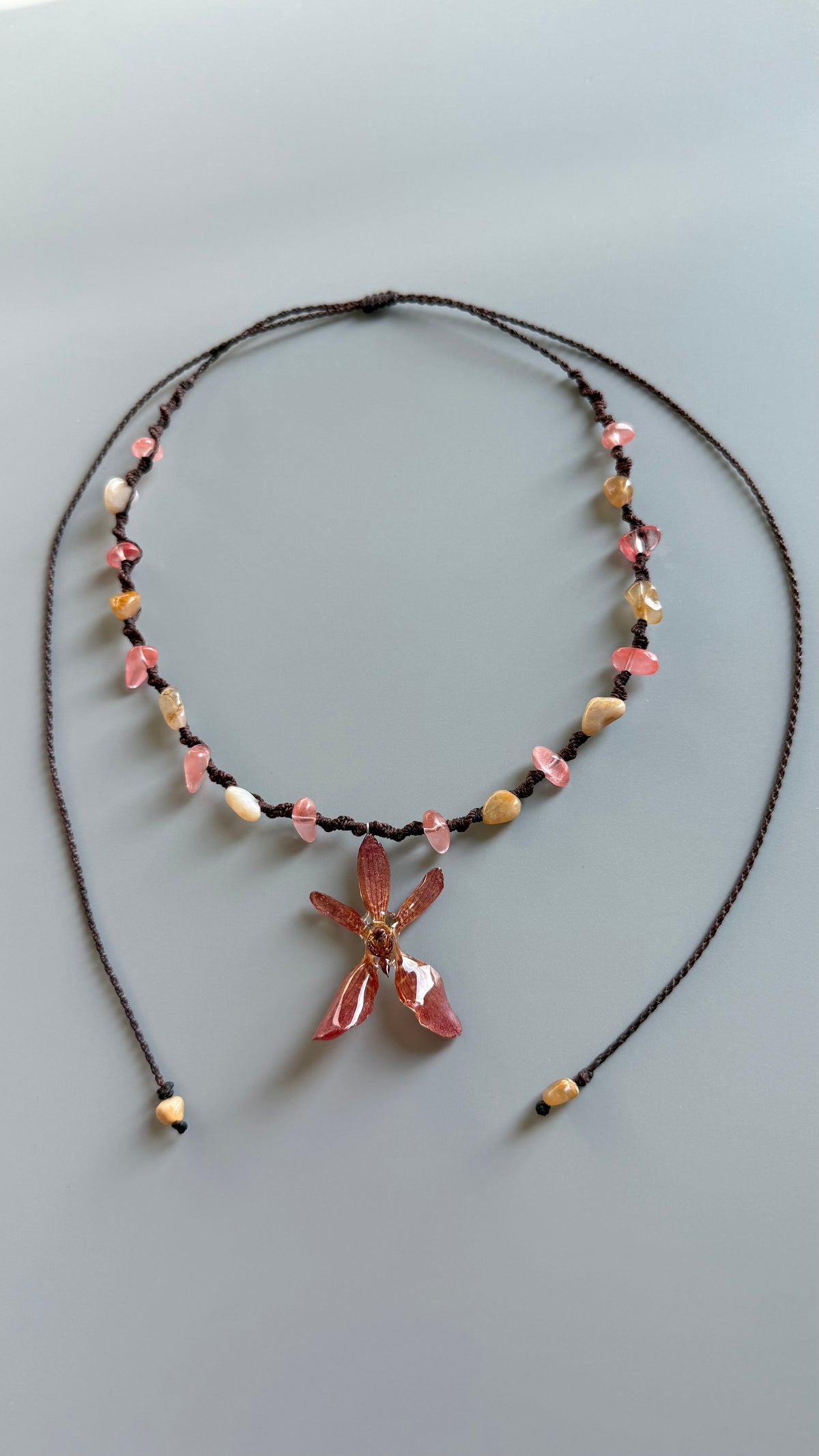 Real Orchid Flower Necklace with Yellow Jade & Cherry Quartz | UV Resin Preserved Flower Jewelry | Handmade Botanical Necklace