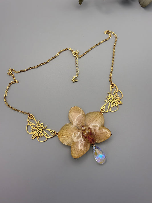 Golden Bloom Real Orchid Necklace - Preserved Flower Jewelry