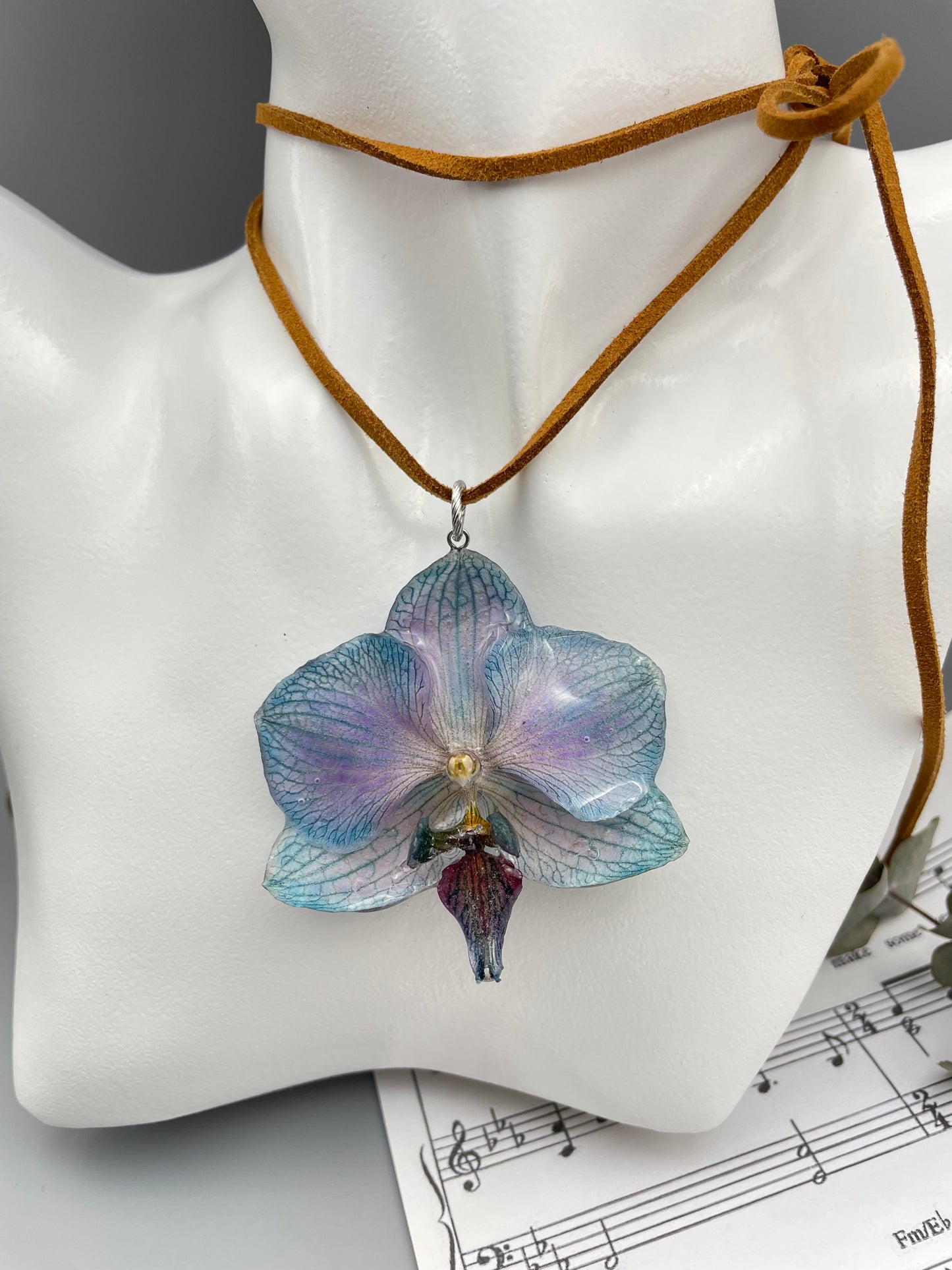 Azure Real Orchid Pendant - Blue Preserved Flower Jewelry Art