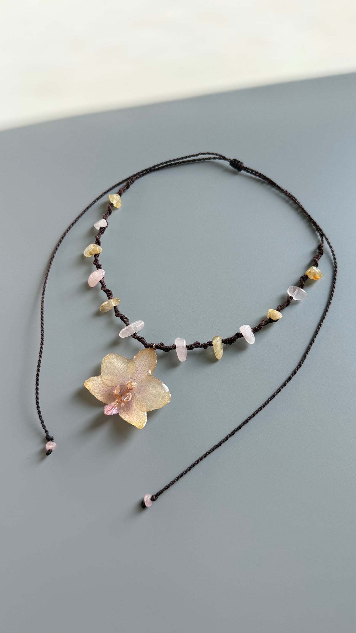 Real Orchid Flower Necklace with Rose Quartz & Citrine | UV Resin Preserved Flower Jewelry | Handmade Botanical Necklace
