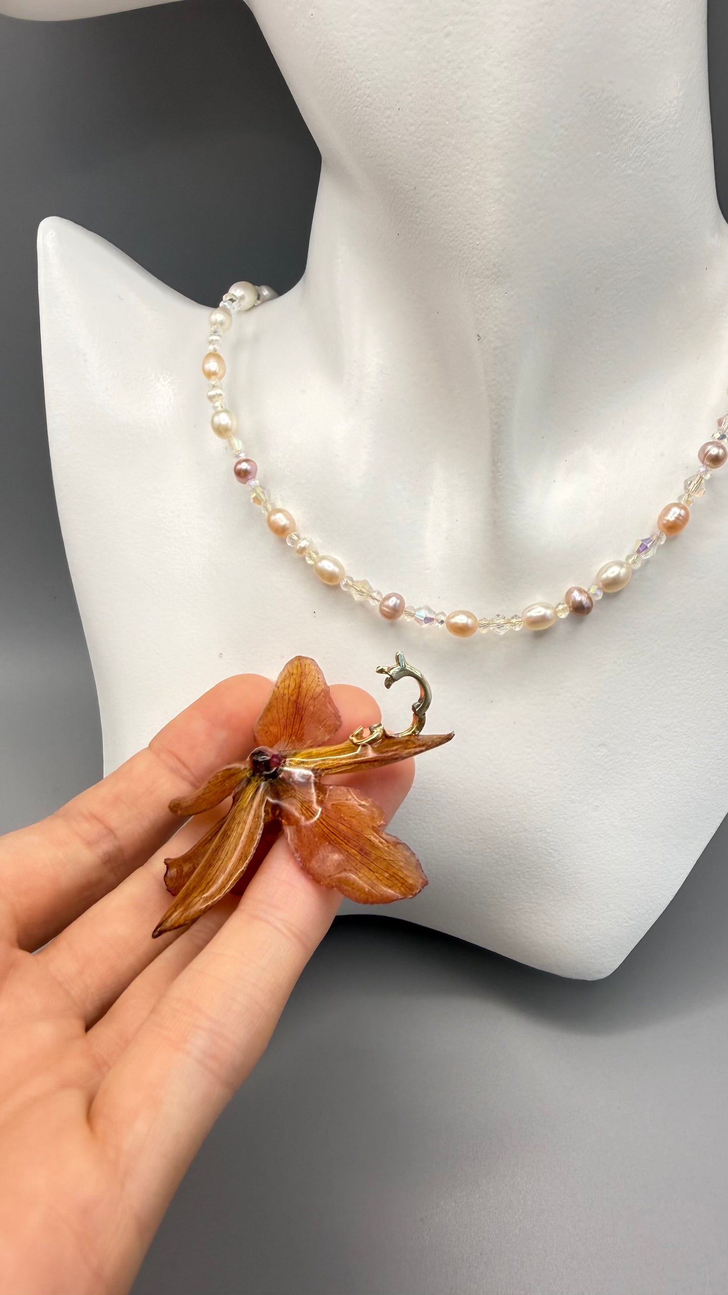 Scarlet Real Orchid & Pearl Necklace - Detachable Resin Pendant