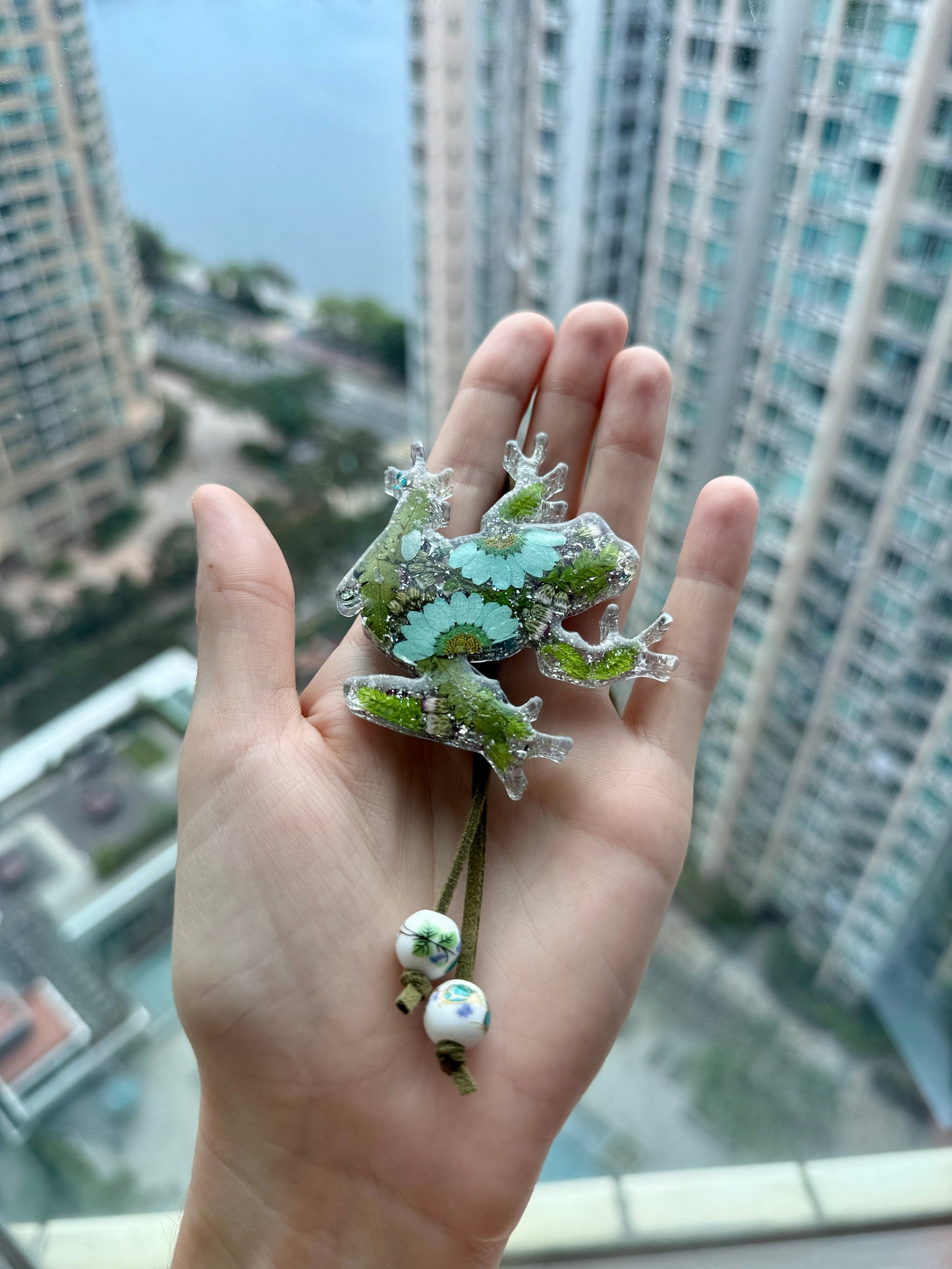 Handmade Frog & Floral Pendant - Real Flowers in UV Resin Art
