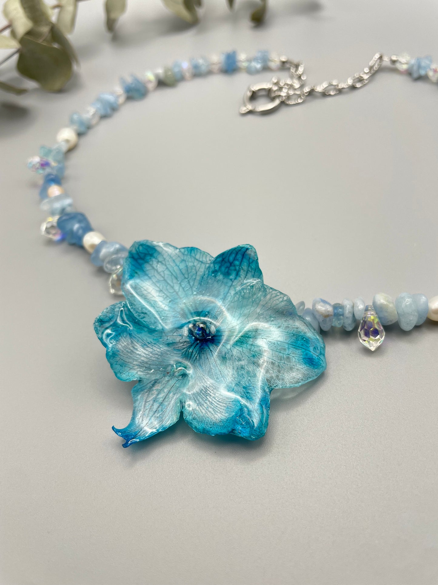 Blue Orchid & Aquamarine Necklace - Preserved Flower Jewelry in UV Resin