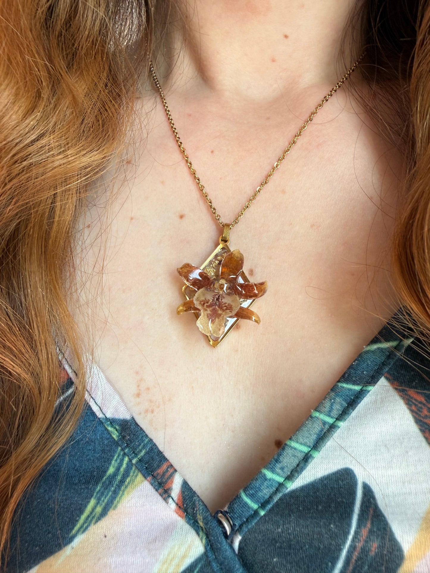 Handmade Golden Real Orchid Pendant - Crystal Clear UV Resin
