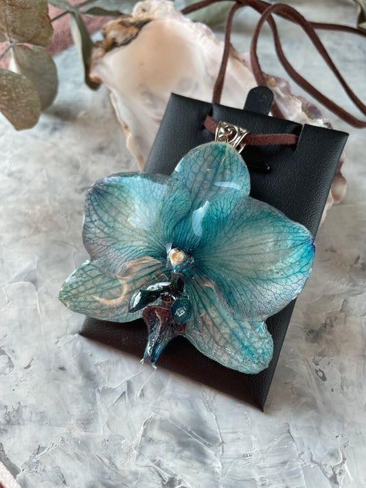 Ocean Orchid Pendant - Preserved Blue Phalaenopsis in Crystal Resin