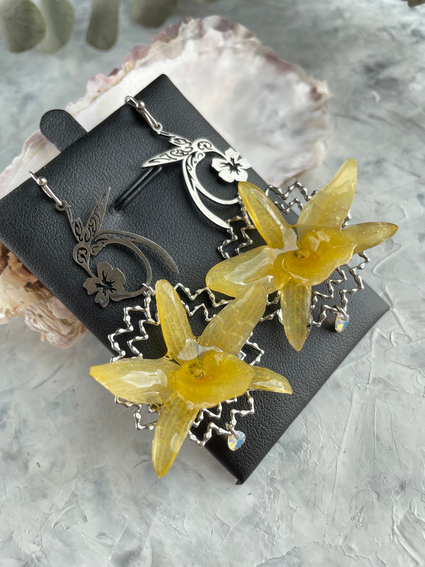 Handmade Orchid Earrings - Real Flower Jewelry with Cubic Zirconia