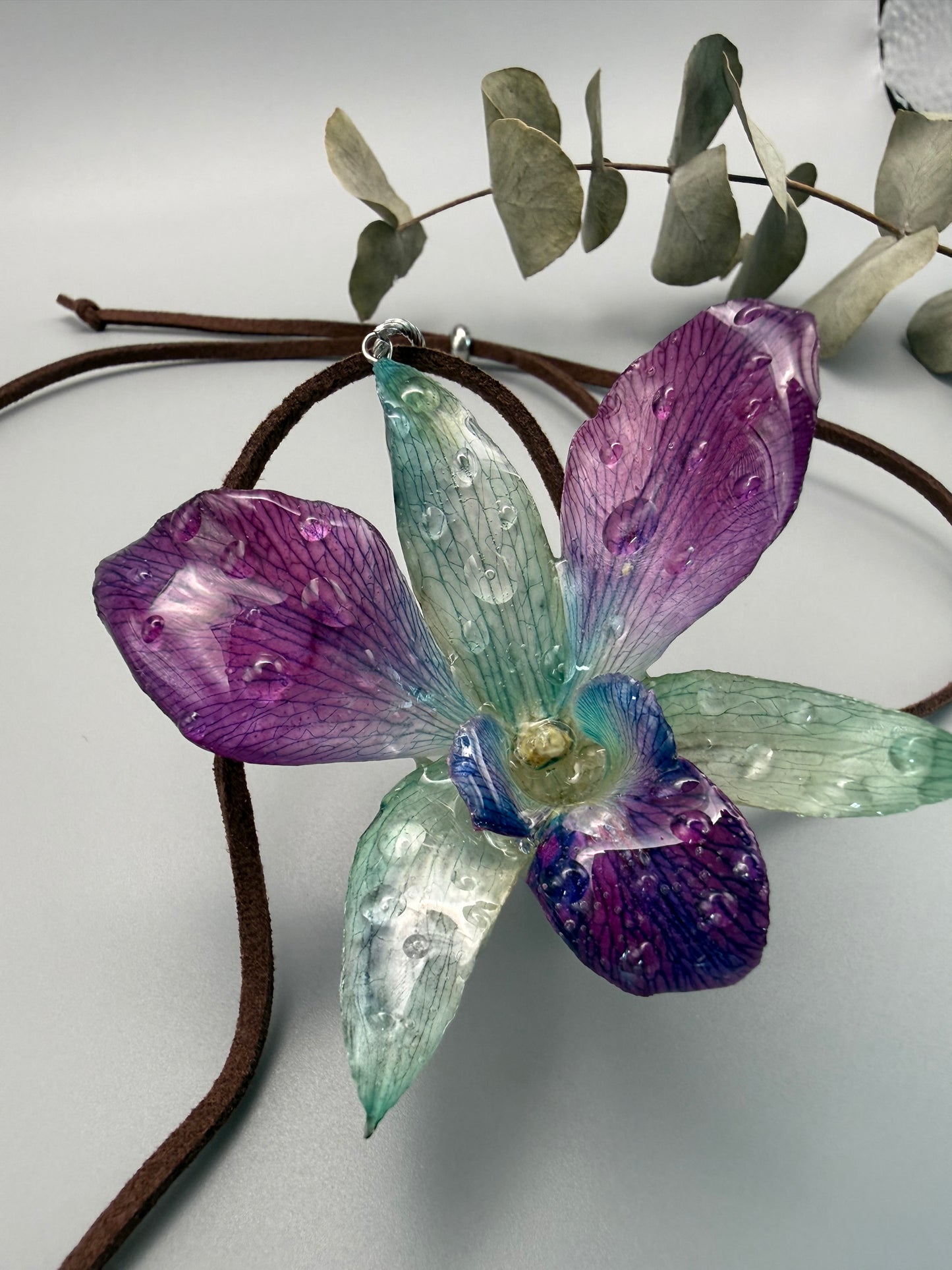 Orchid Dew Real Flower Pendant - Hand-Dyed Botanical Jewelry