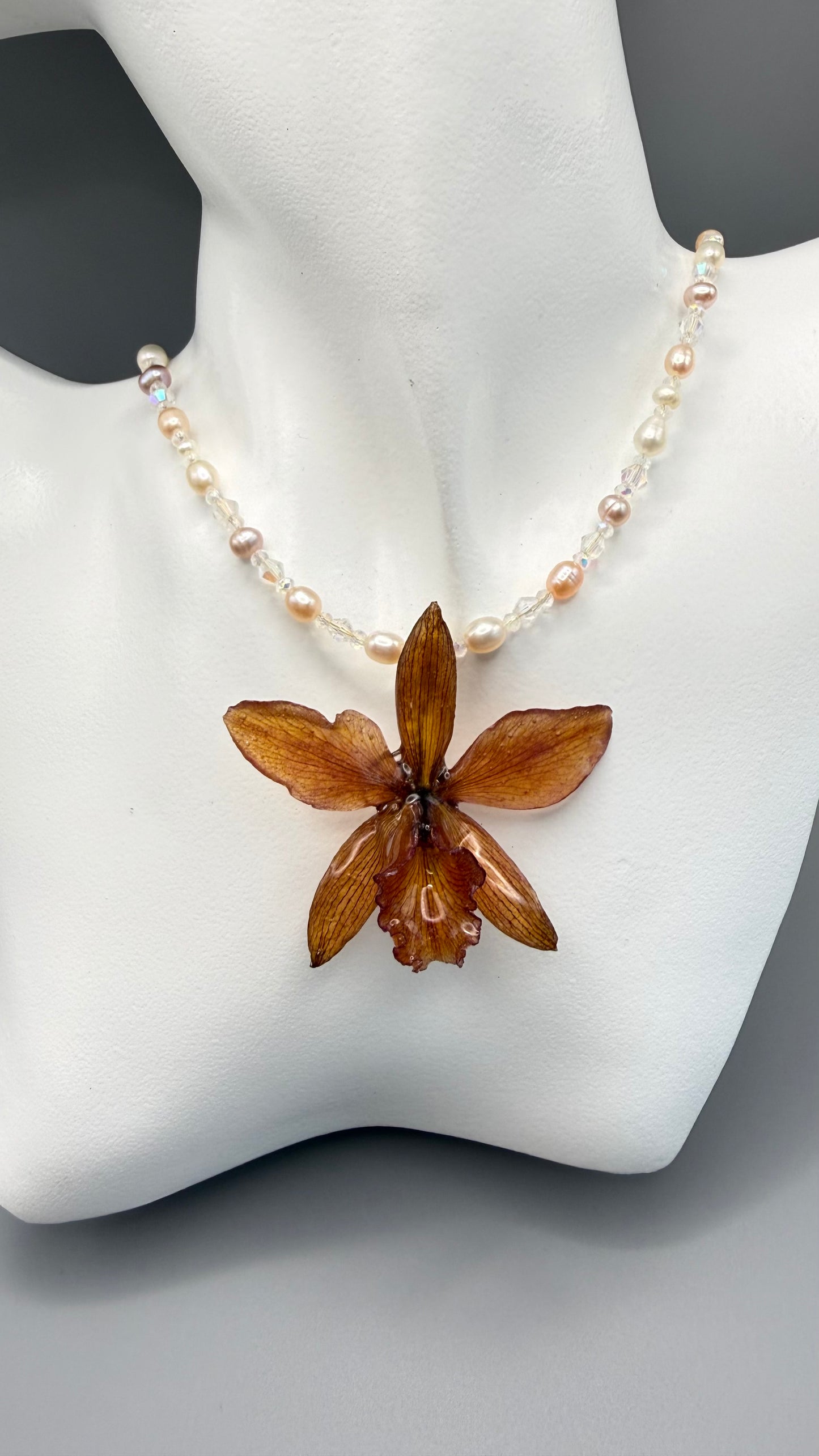 Scarlet Real Orchid & Pearl Necklace - Detachable Resin Pendant