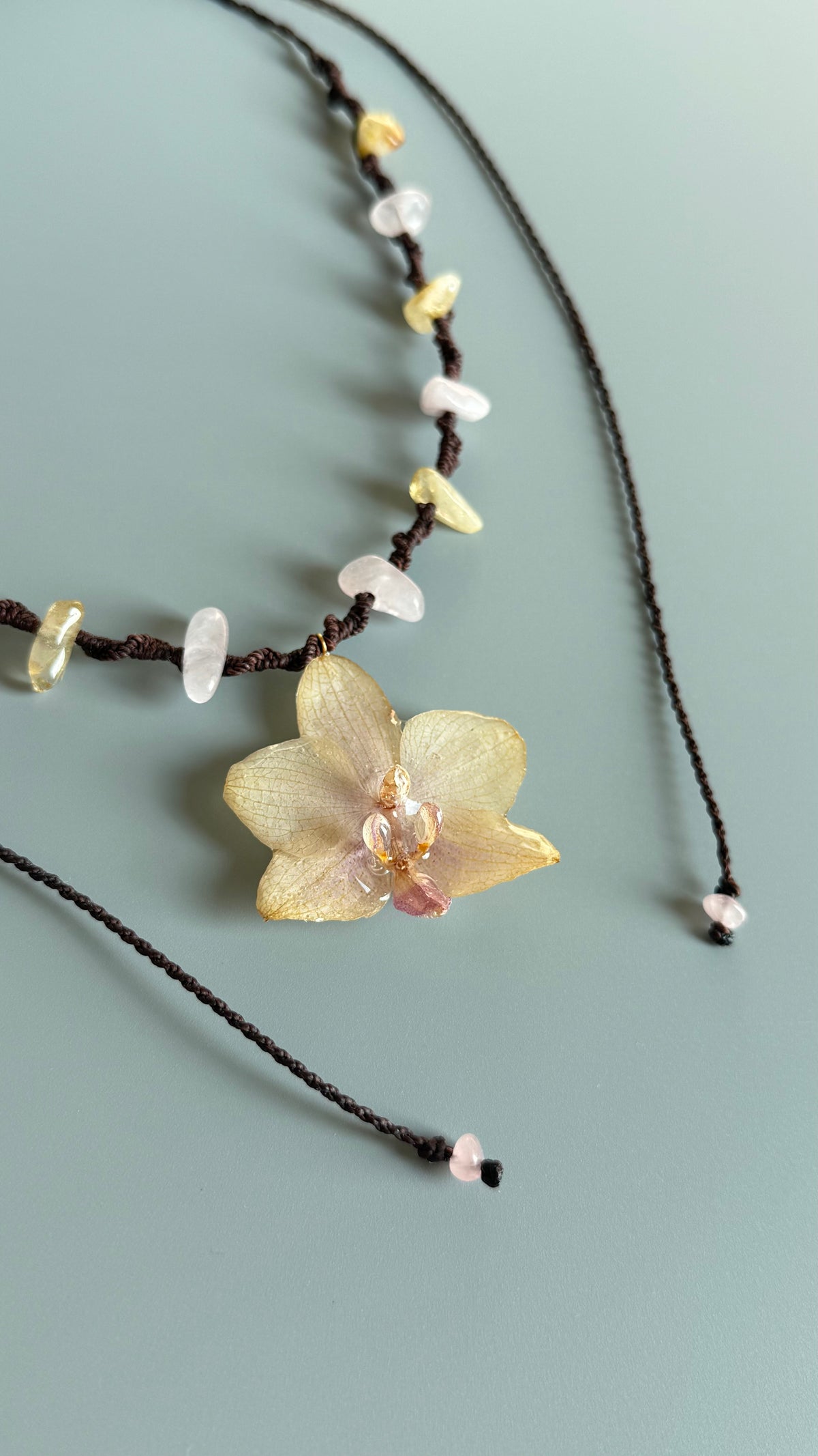 Real Orchid Flower Necklace with Rose Quartz & Citrine | UV Resin Preserved Flower Jewelry | Handmade Botanical Necklace