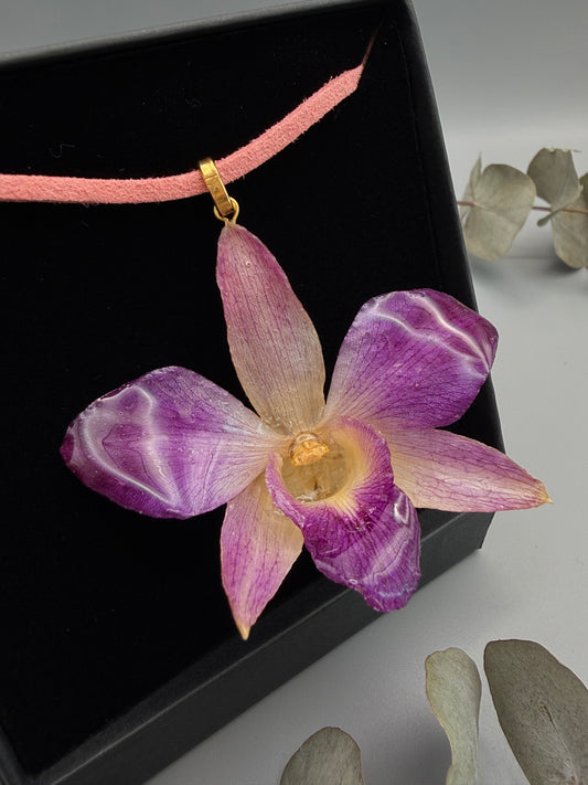 Real Orchid Pendant on Pink Cord - Handmade Botanical Jewelry
