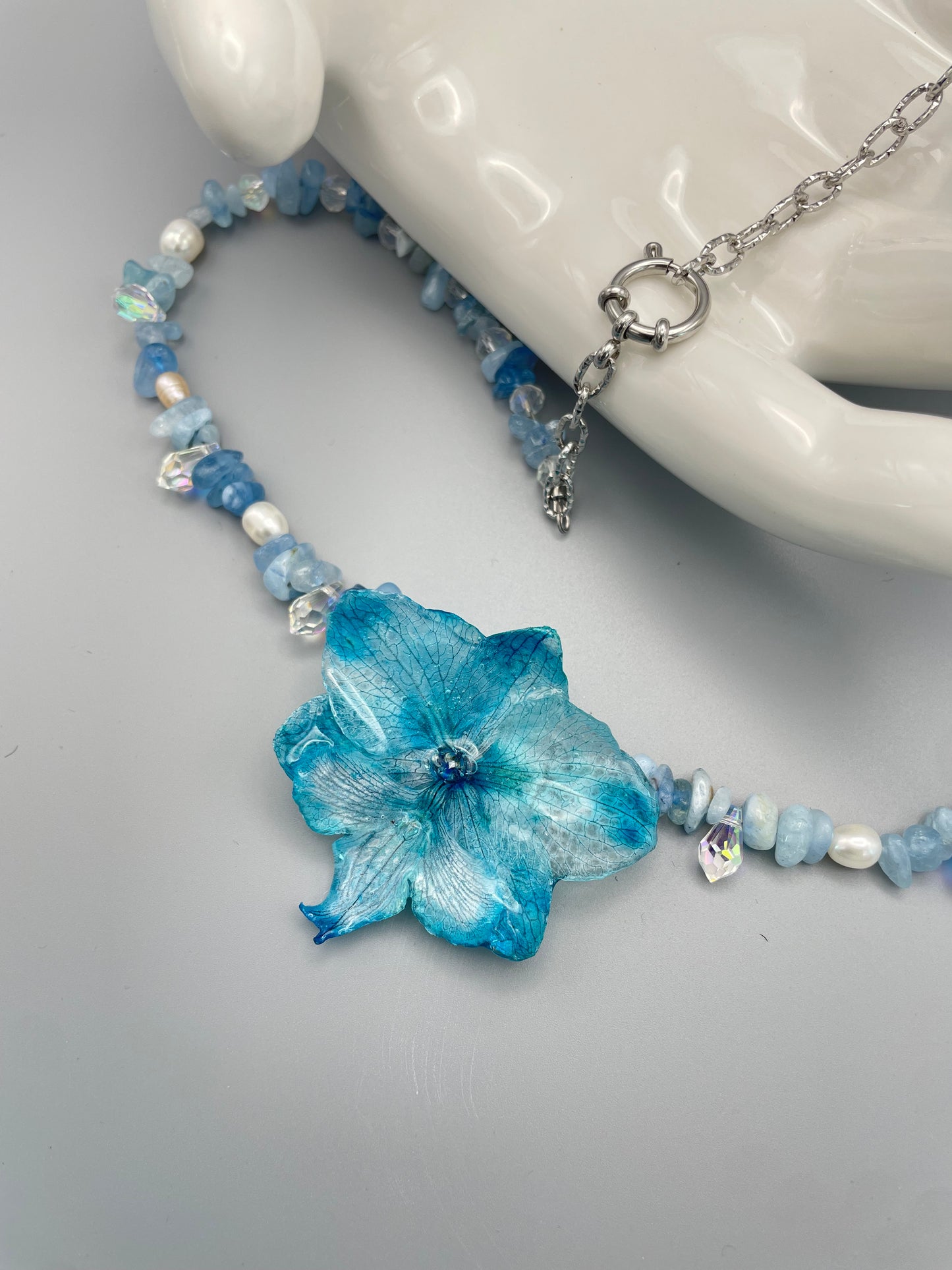 Blue Orchid & Aquamarine Necklace - Preserved Flower Jewelry in UV Resin