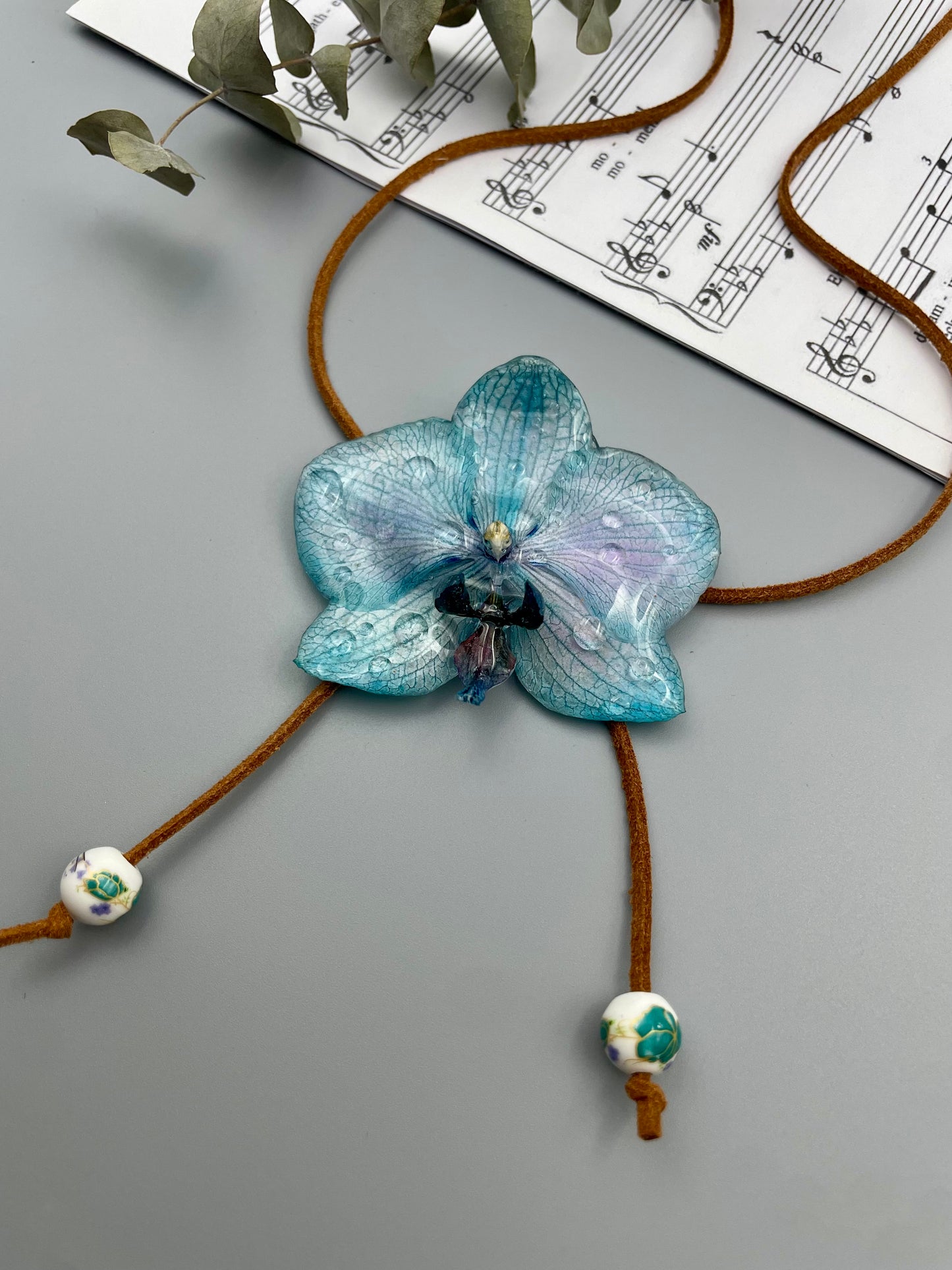 Blue Orchid Raindrops Pendant - Real Flower in UV Resin Art