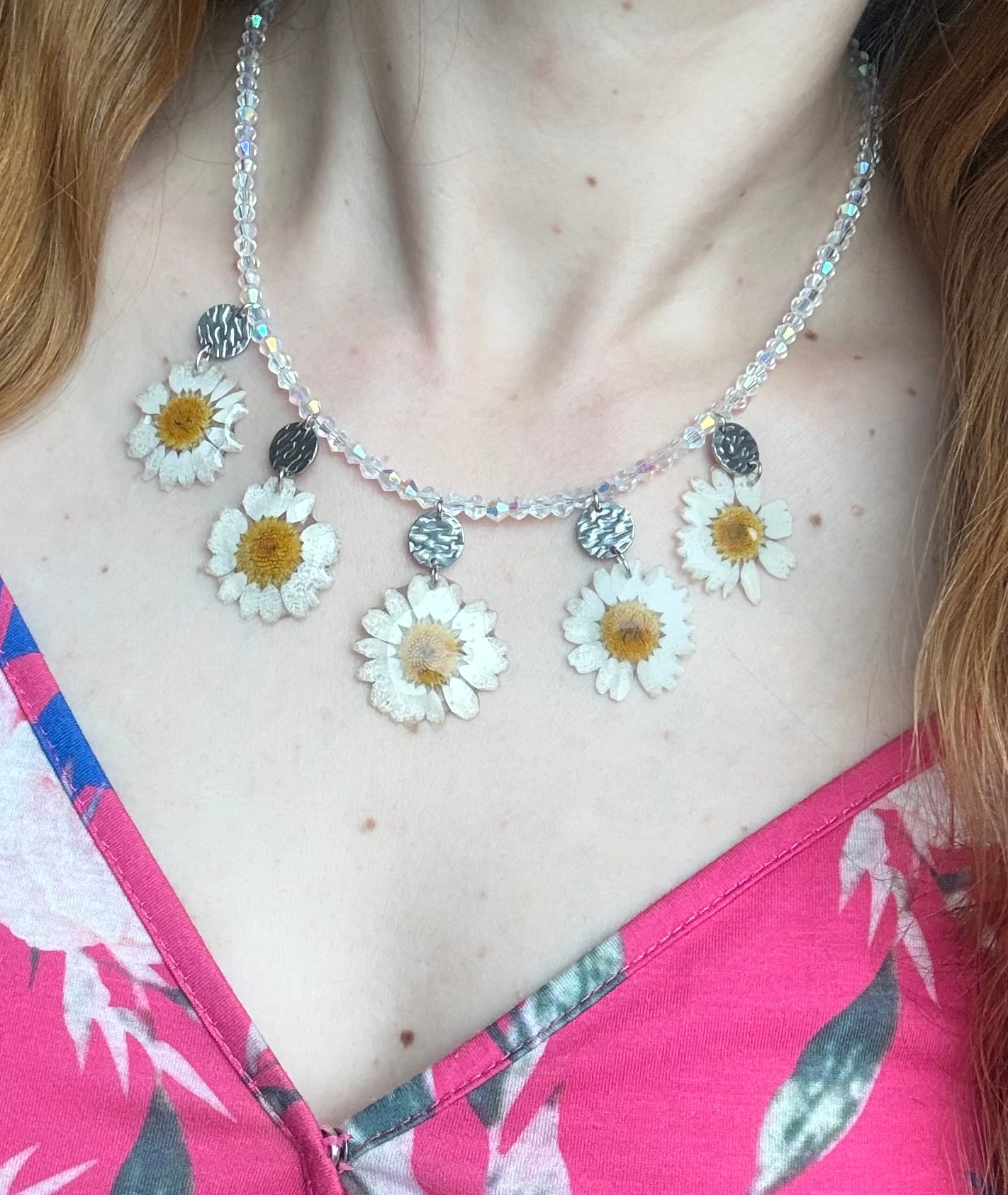 Meadow Dance Necklace - Five Preserved Daisies with Textured Steel Charms