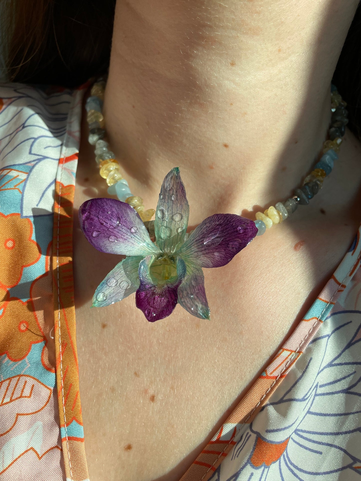 Rain Orchid Necklace - Real Dendrobium with Aquamarine, Labradorite & Citrine