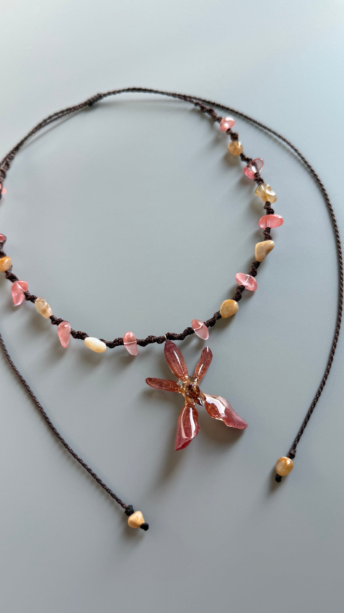 Real Orchid Flower Necklace with Yellow Jade & Cherry Quartz | UV Resin Preserved Flower Jewelry | Handmade Botanical Necklace