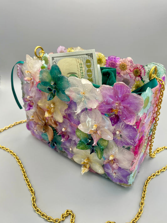 One-of-a-Kind Floral Designer Bag – Real Orchids & Dried Flowers in UV Resin