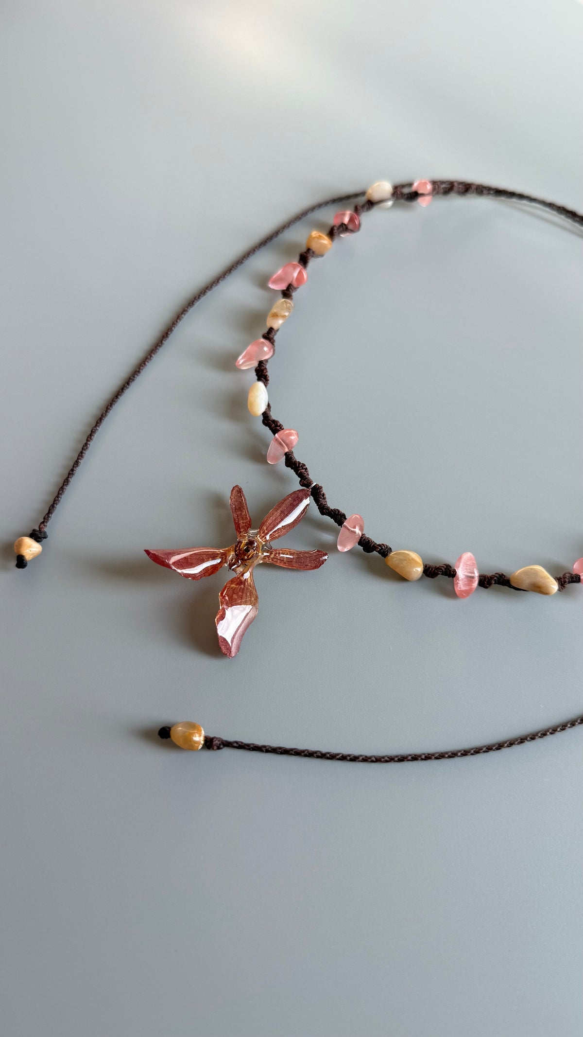 Real Orchid Flower Necklace with Yellow Jade & Cherry Quartz | UV Resin Preserved Flower Jewelry | Handmade Botanical Necklace