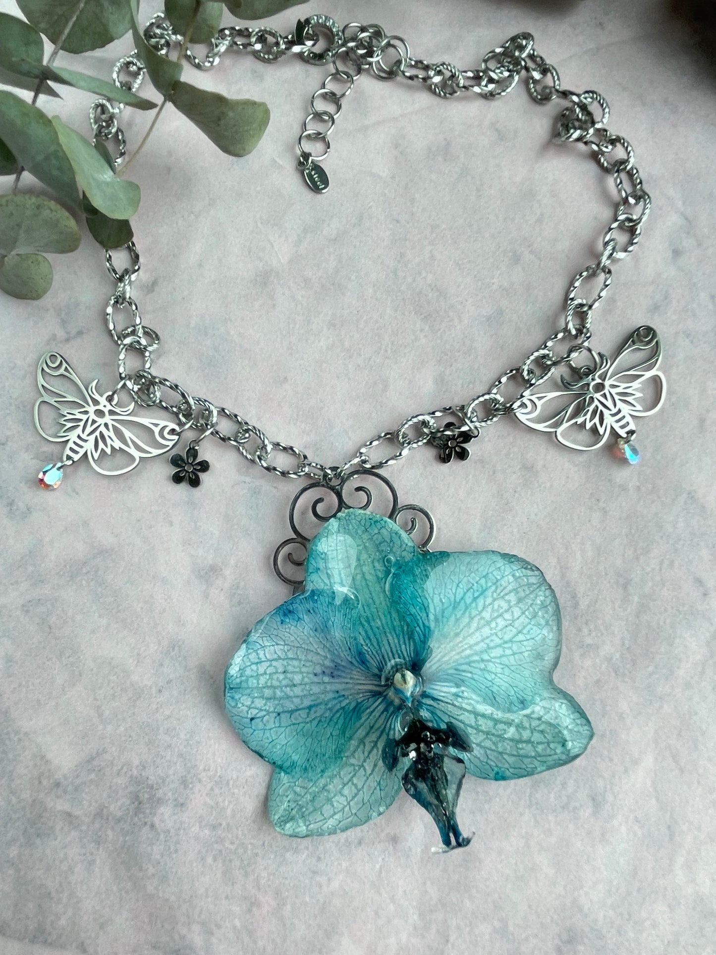 Blue Orchid Necklace - Preserved Flower Jewelry in UV Resin