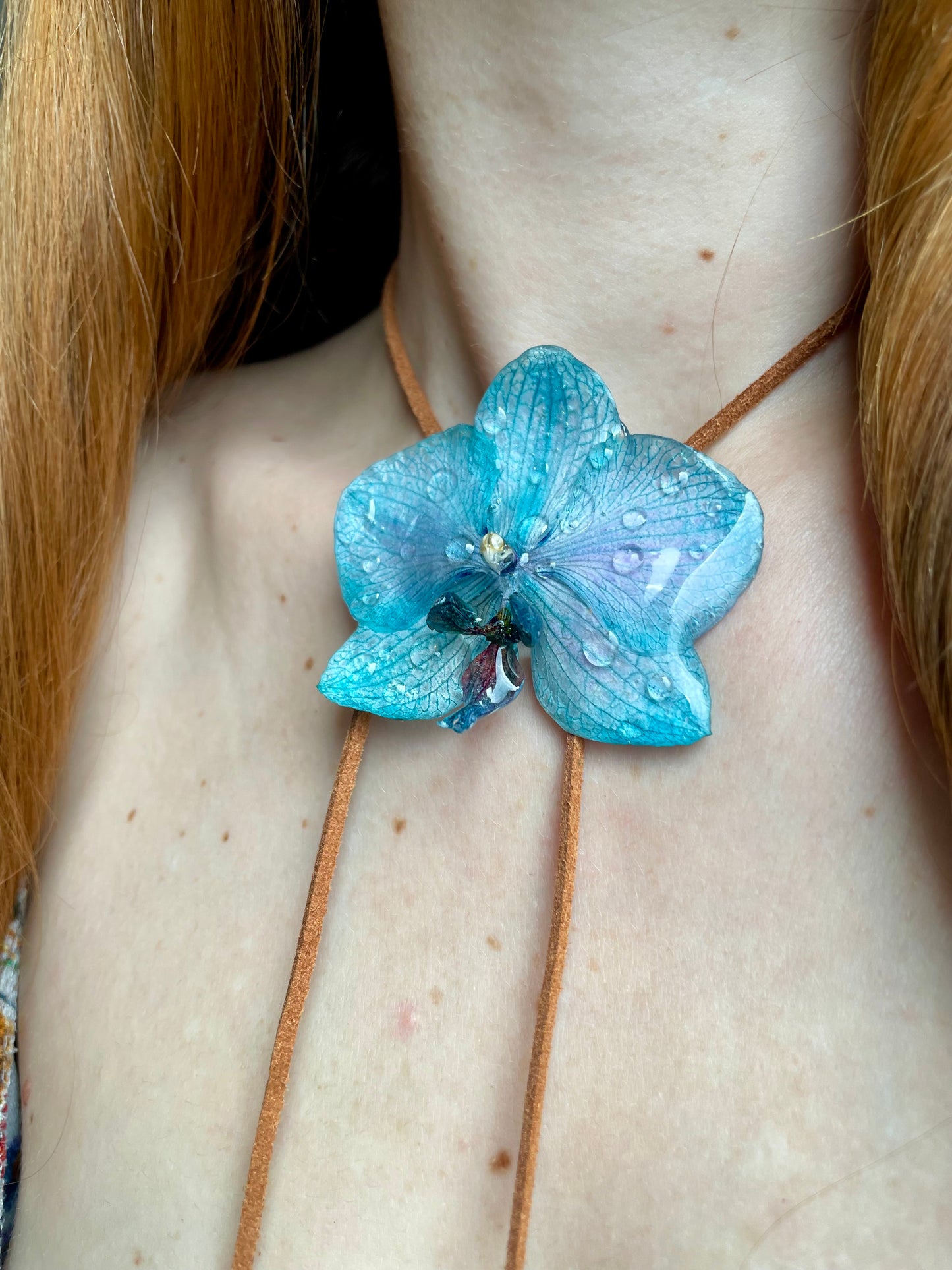 Blue Orchid Raindrops Pendant - Real Flower in UV Resin Art