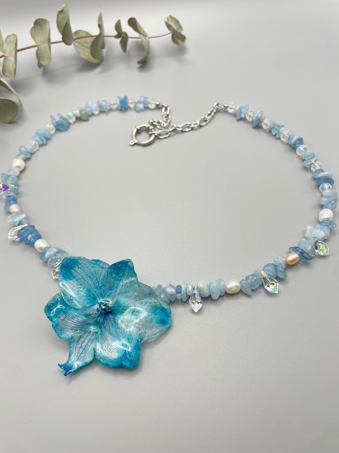Blue Orchid & Aquamarine Necklace - Preserved Flower Jewelry in UV Resin
