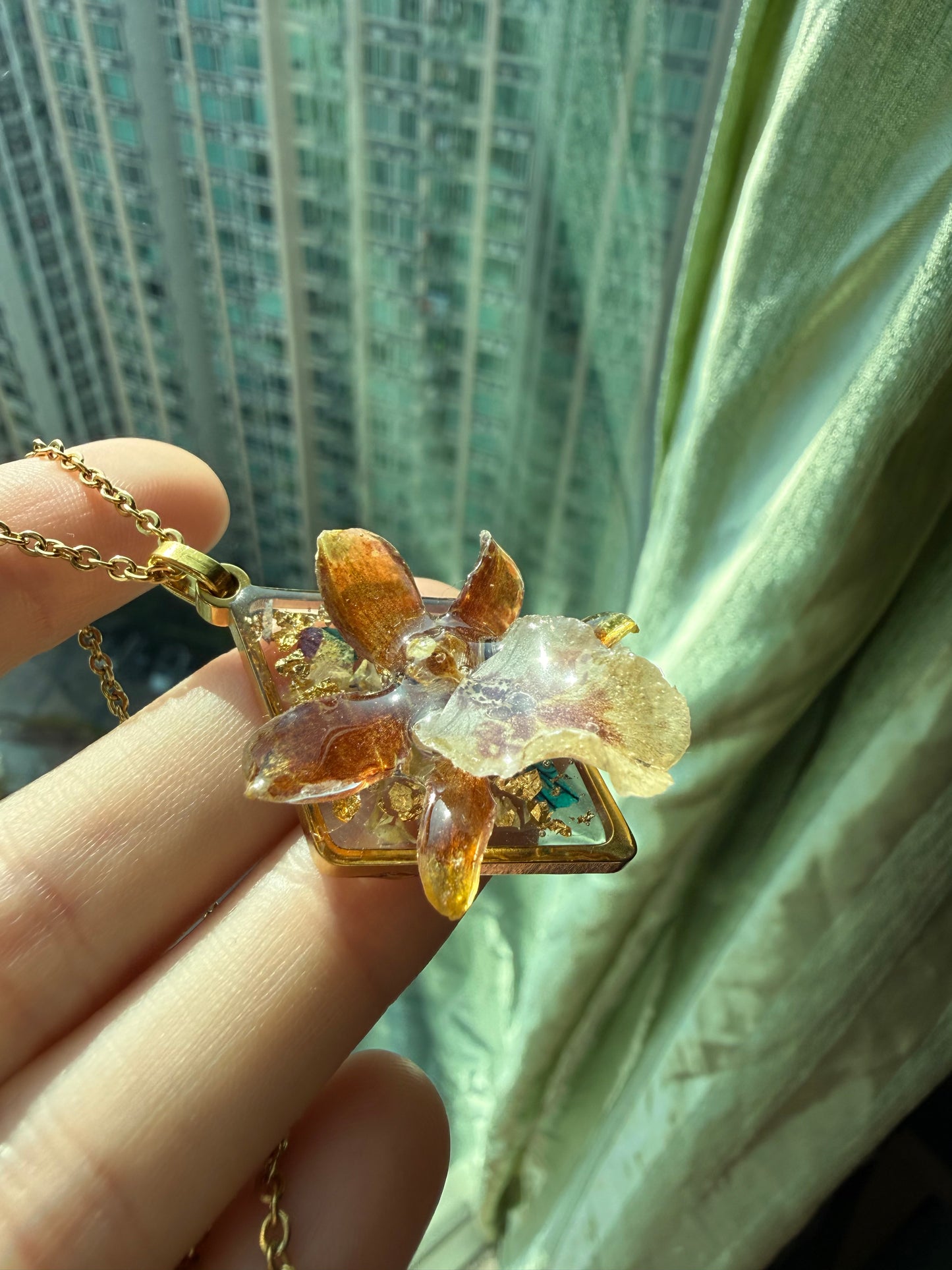 Handmade Golden Real Orchid Pendant - Crystal Clear UV Resin