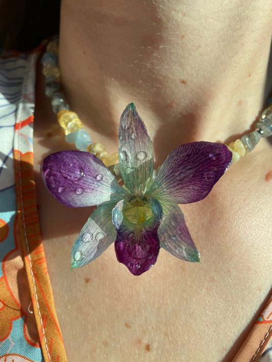 Rain Orchid Necklace - Real Dendrobium with Aquamarine, Labradorite & Citrine