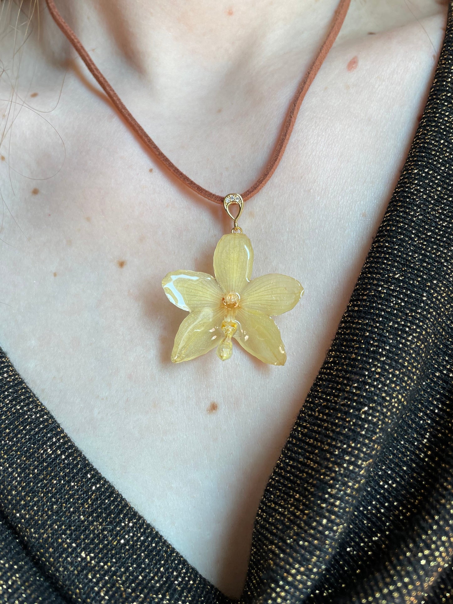 Golden Real Orchid Elegance Pendant - Cubic Zirconia Jewelry
