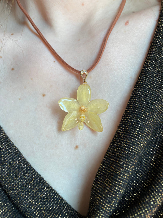 Golden Real Orchid Elegance Pendant - Cubic Zirconia Jewelry