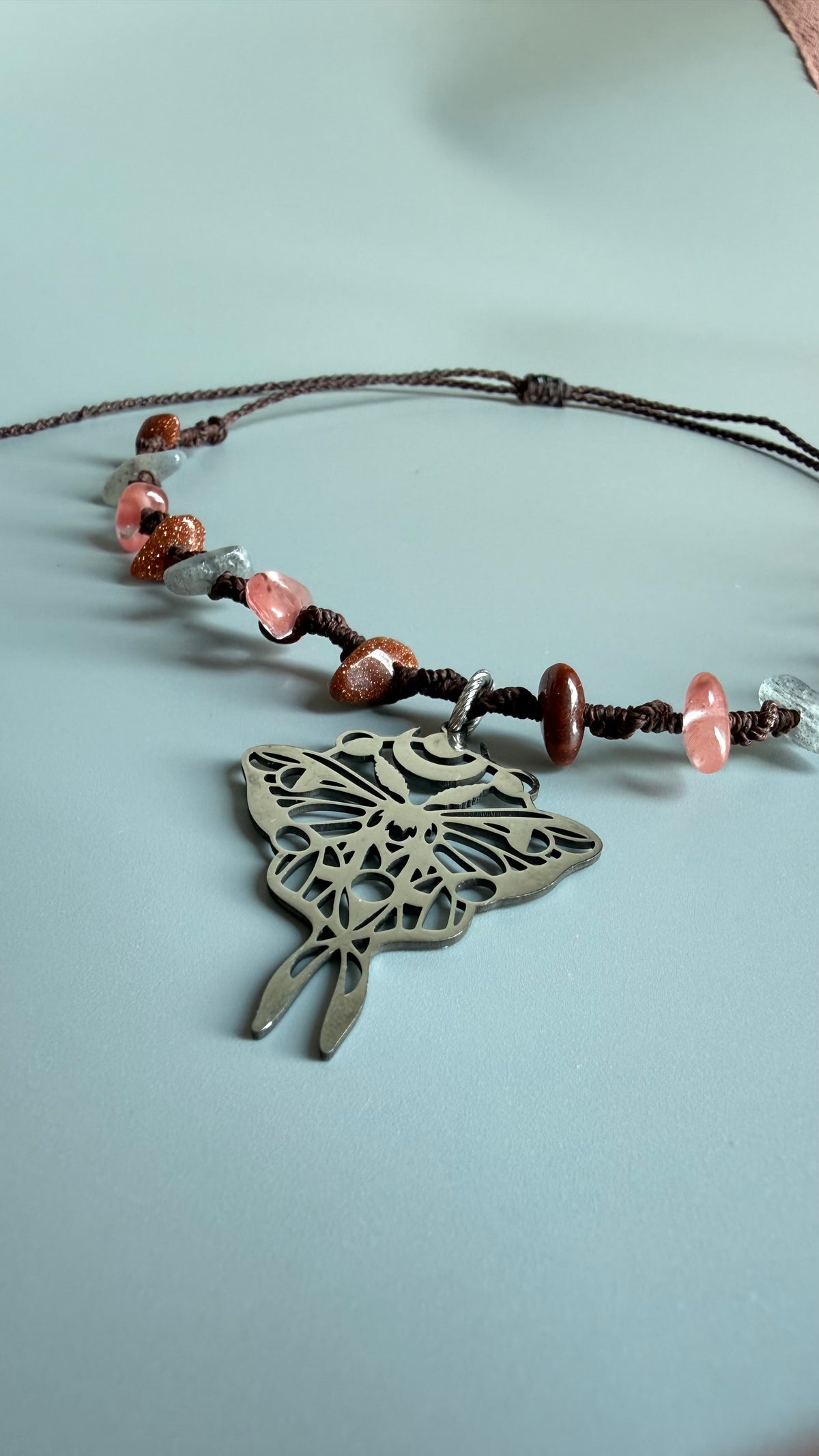 Luna Moth Necklace — Sandstone, Cherry Quartz & Labradorite