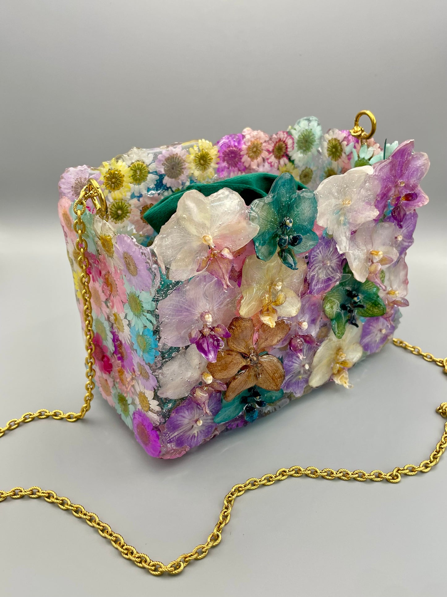 One-of-a-Kind Floral Designer Bag – Real Orchids & Dried Flowers in UV Resin
