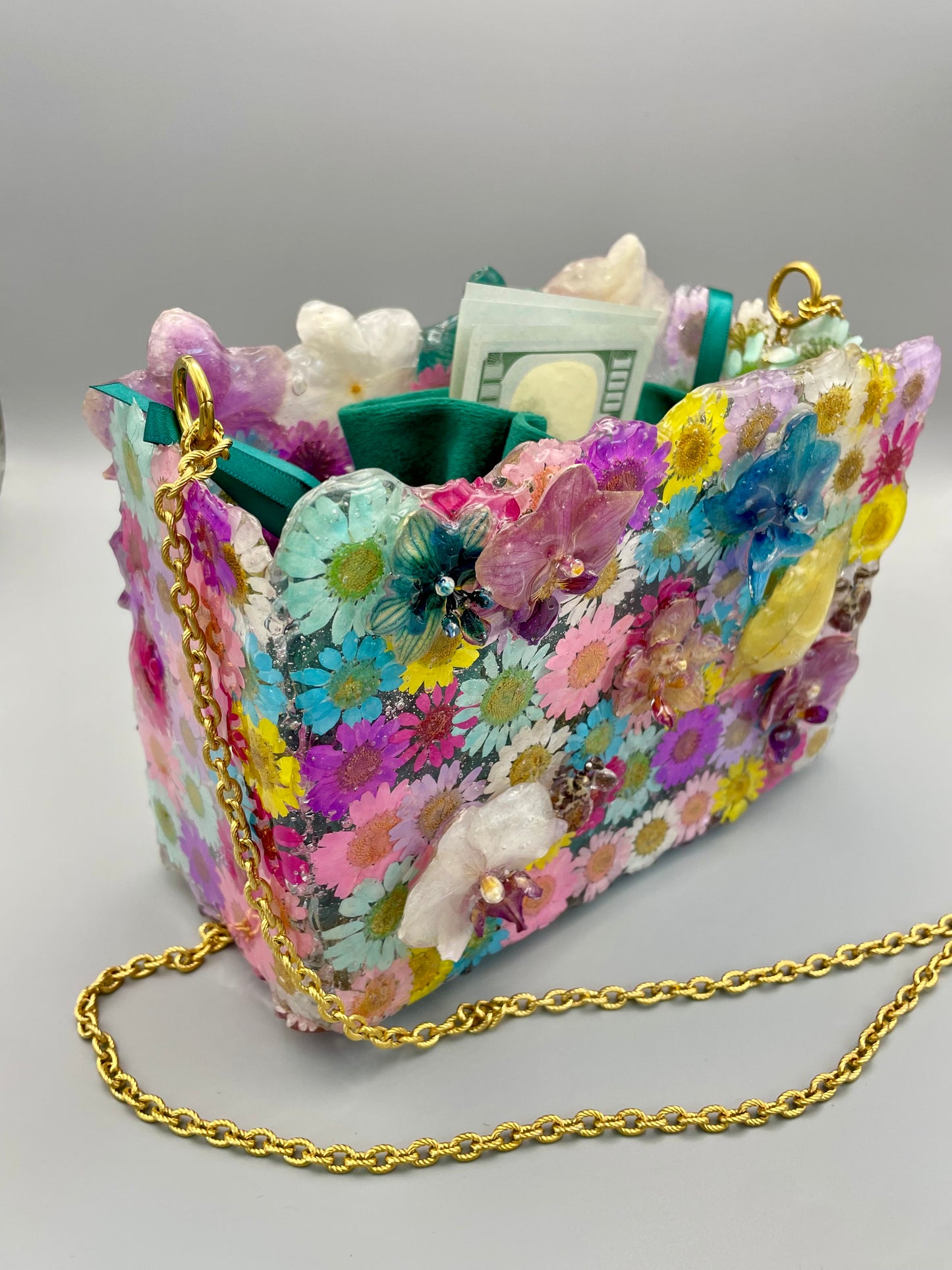 One-of-a-Kind Floral Designer Bag – Real Orchids & Dried Flowers in UV Resin