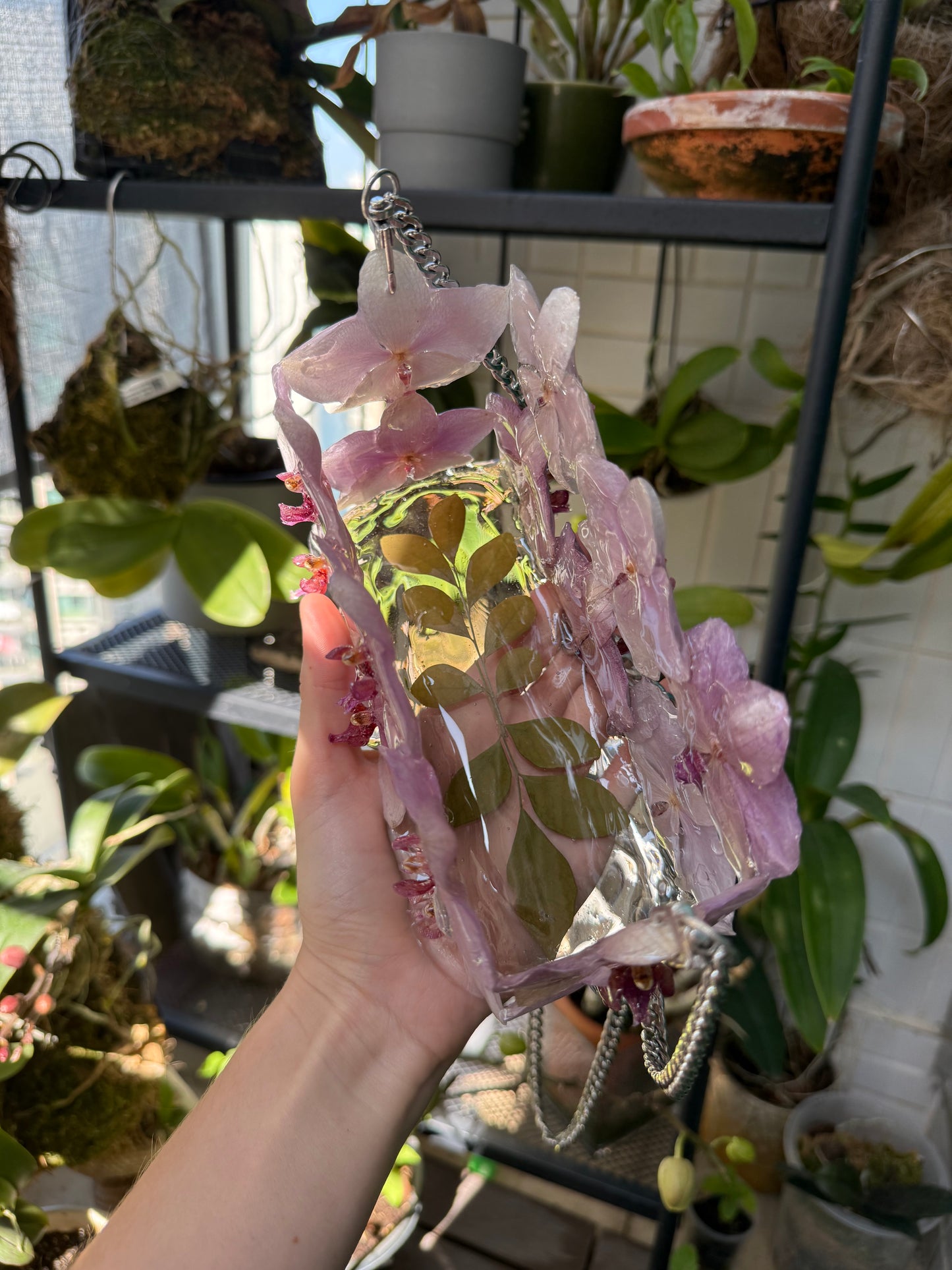 Luxury Pink Orchid Designer Bag - Real Flowers in UV Resin