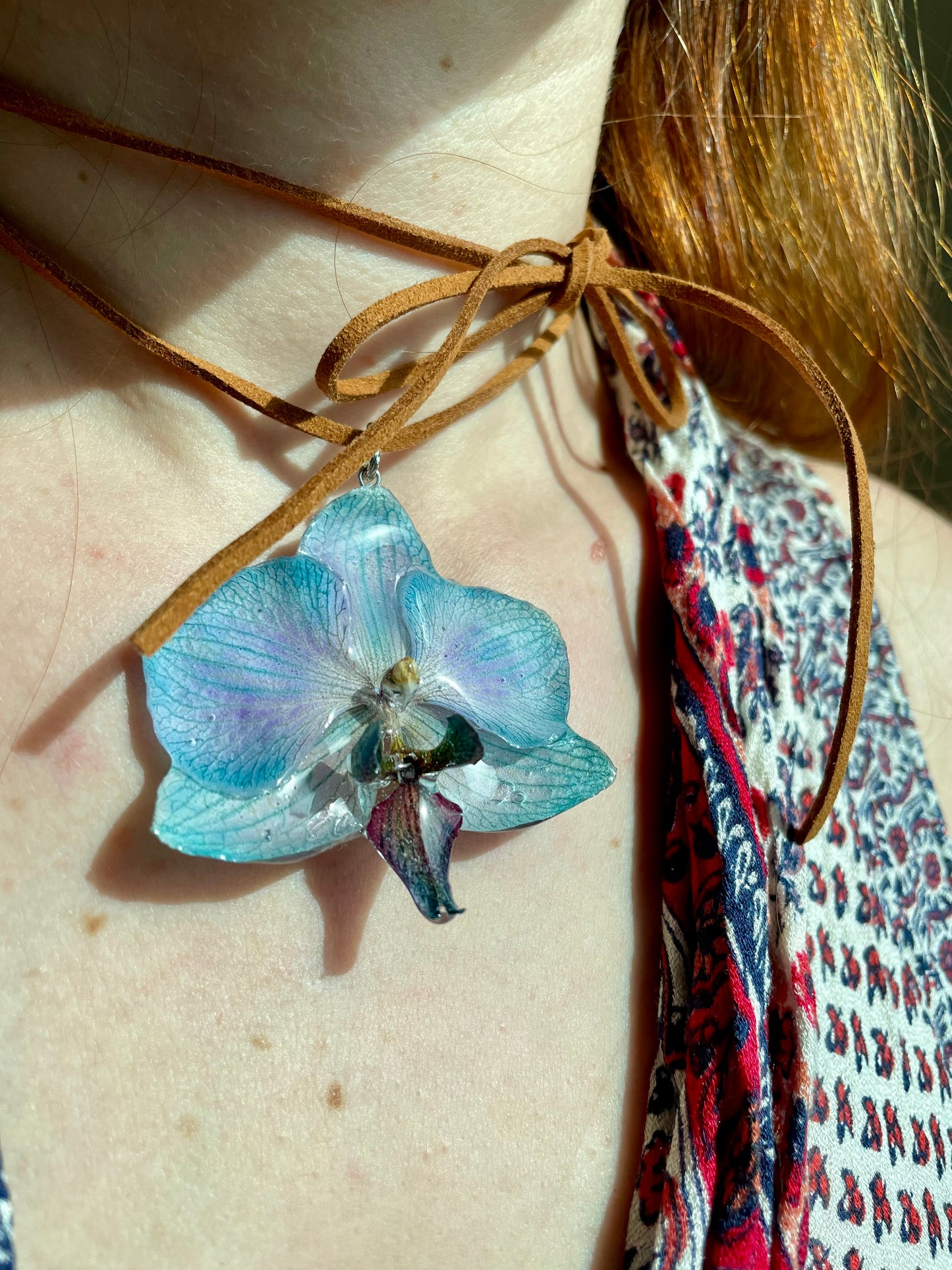 Azure Real Orchid Pendant - Blue Preserved Flower Jewelry Art