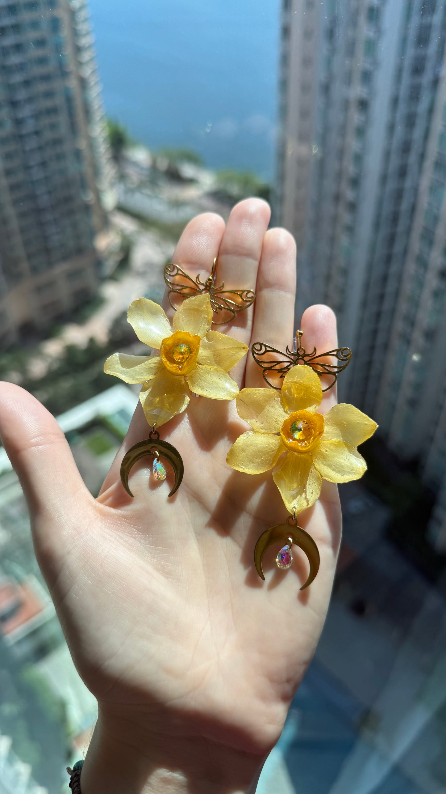 Moonlit Garden Earrings - Daffodil & Crescent
Moon Drops