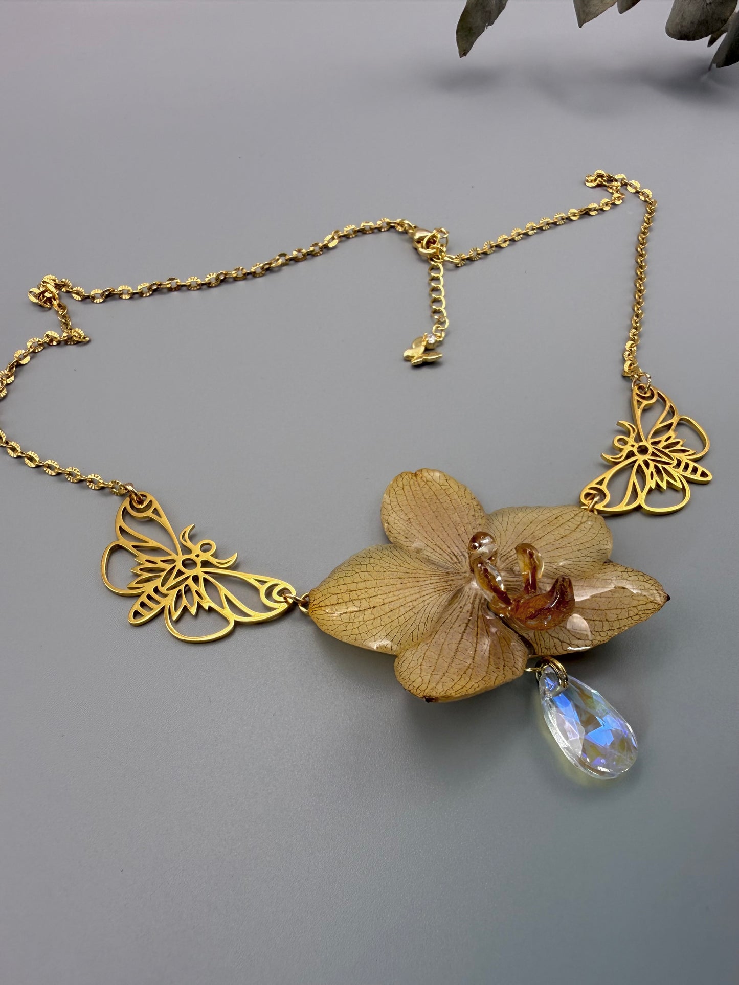 Golden Bloom Real Orchid Necklace - Preserved Flower Jewelry