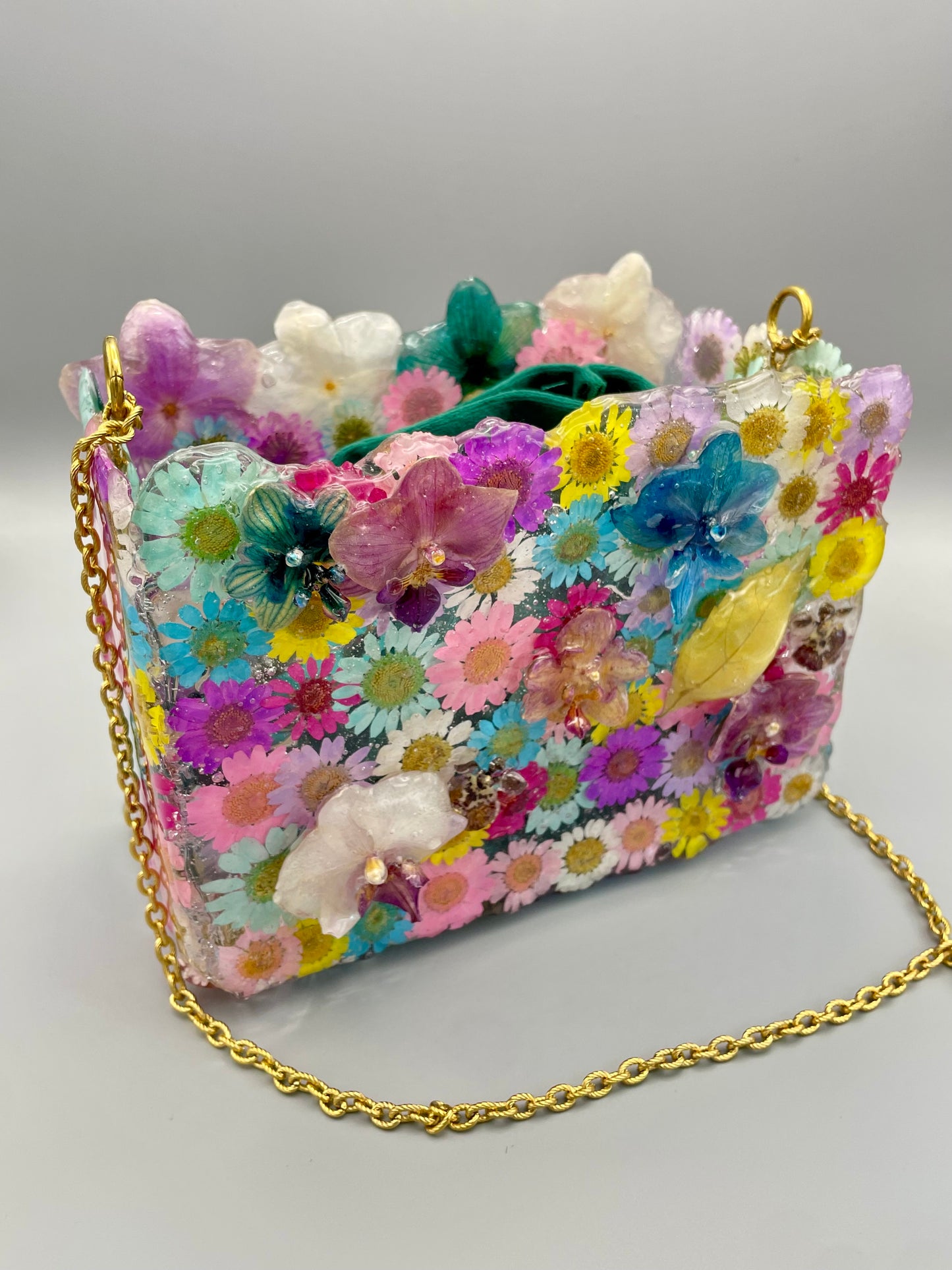 One-of-a-Kind Floral Designer Bag – Real Orchids & Dried Flowers in UV Resin