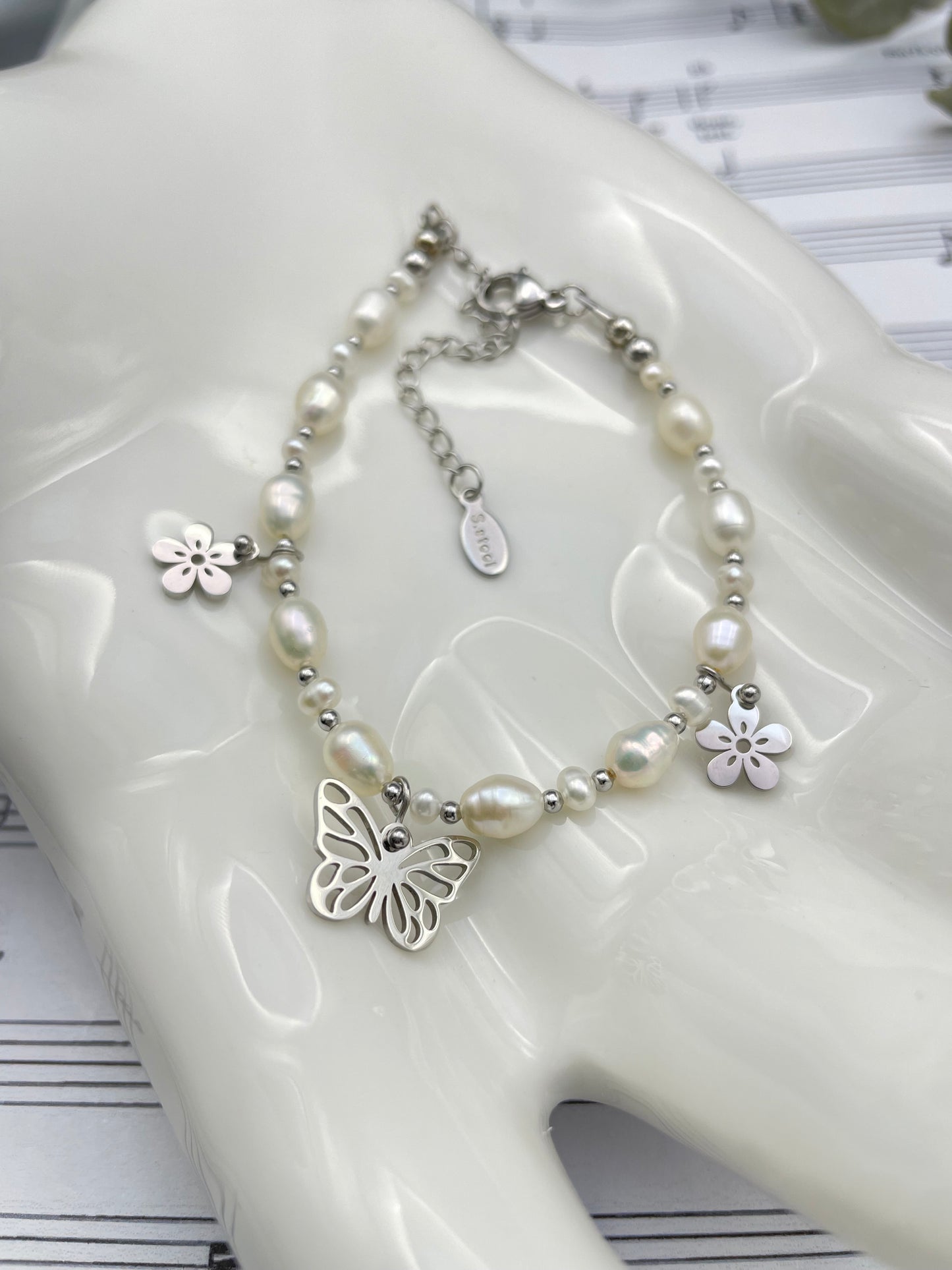 Freshwater Pearl Bracelet with Butterfly Charm - Stainless Steel Jewelry