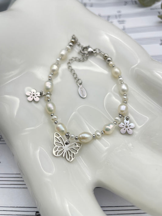 Freshwater Pearl Bracelet with Butterfly Charm - Stainless Steel Jewelry