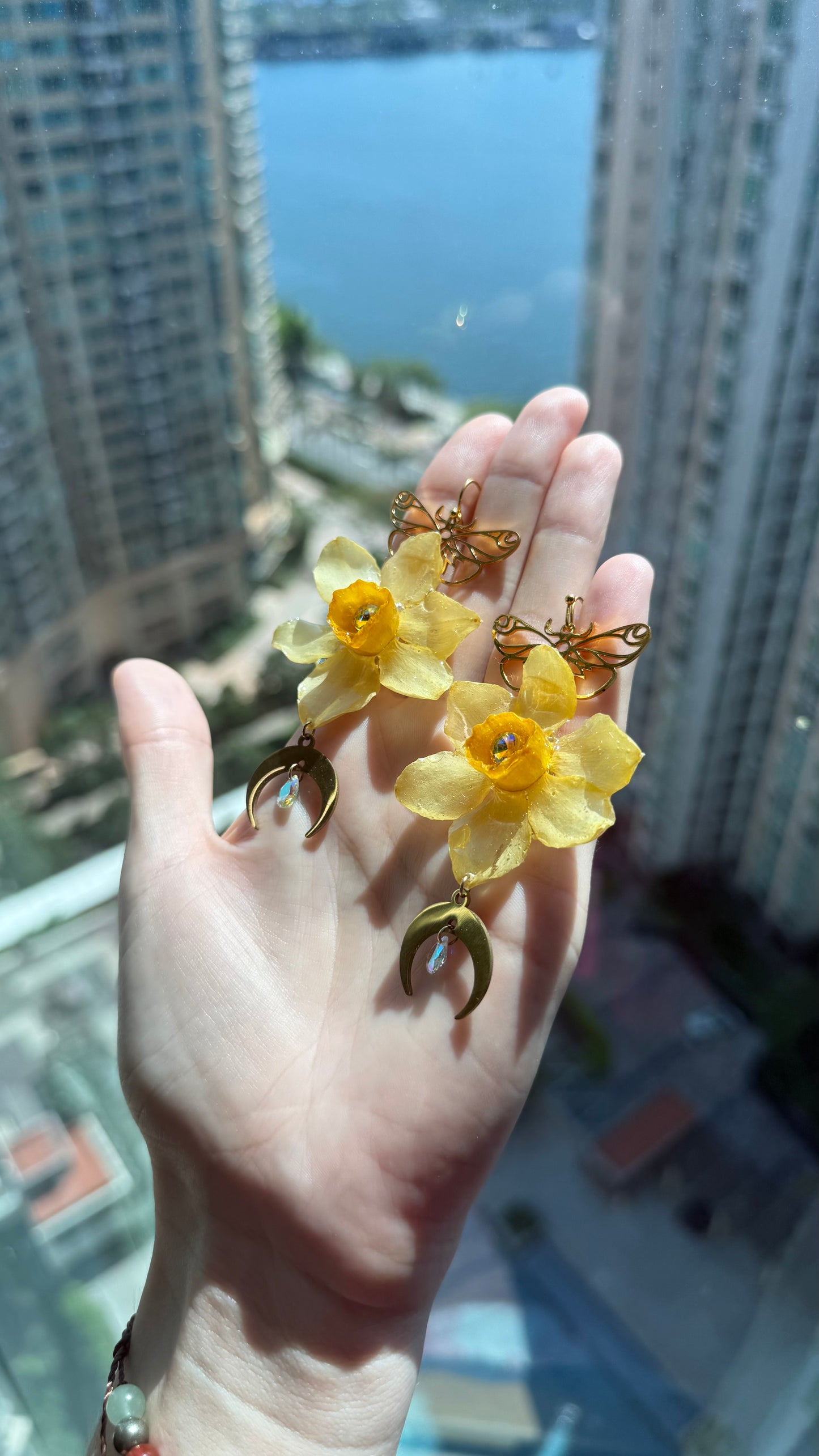 Moonlit Garden Earrings - Daffodil & Crescent
Moon Drops