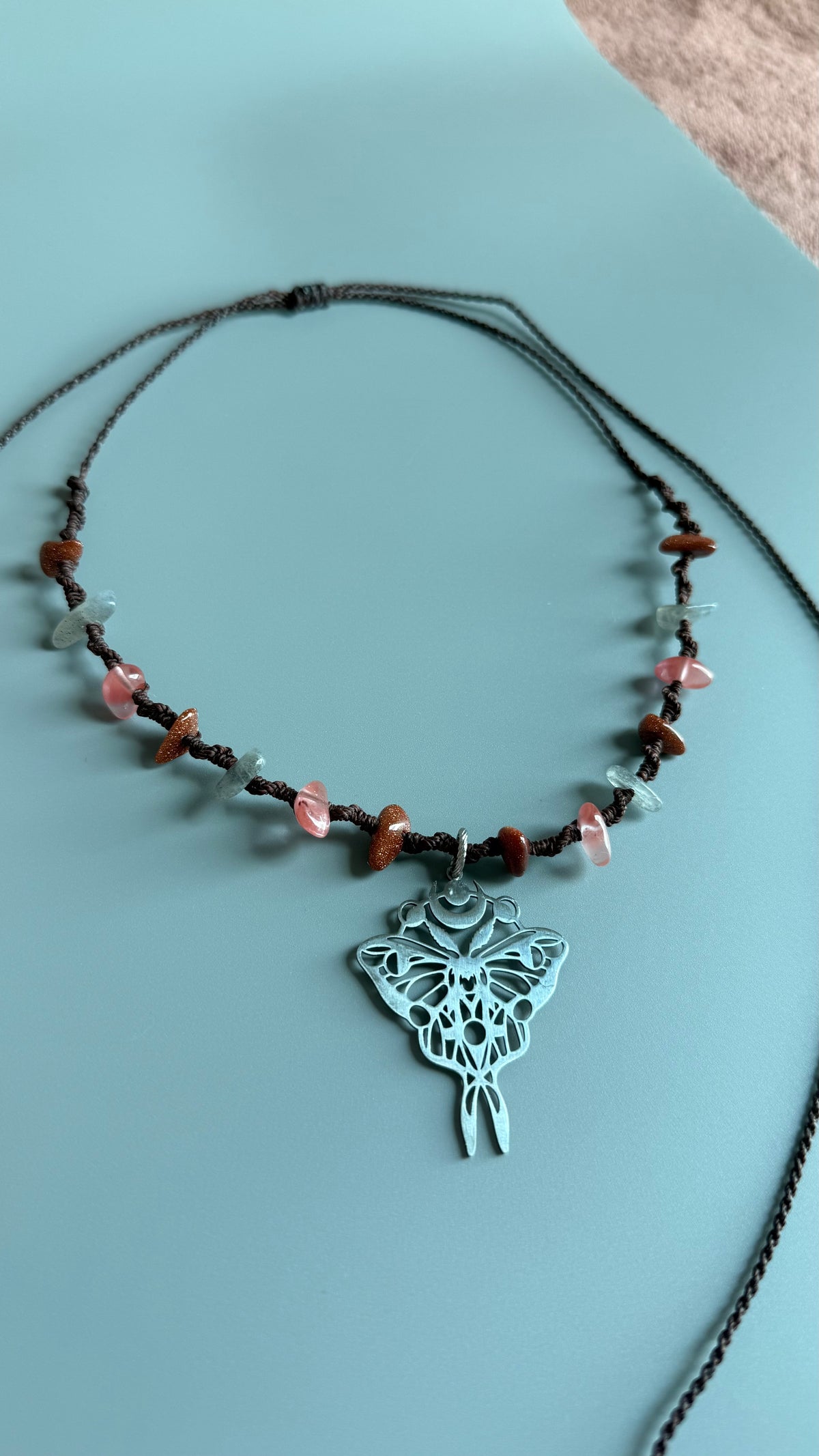 Luna Moth Necklace — Sandstone, Cherry Quartz & Labradorite