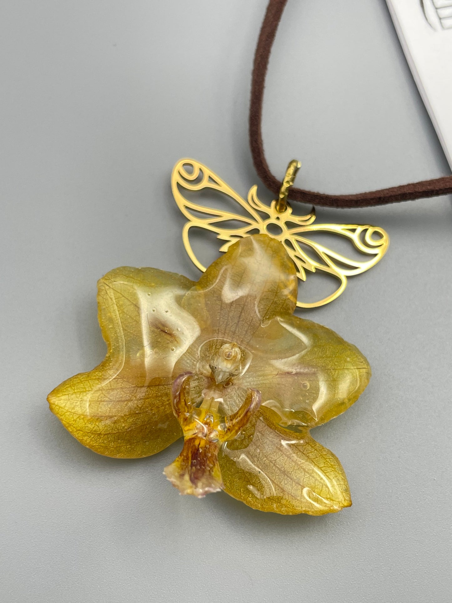 Golden Orchid & Butterfly Pendant - Real Flower Wearable Art