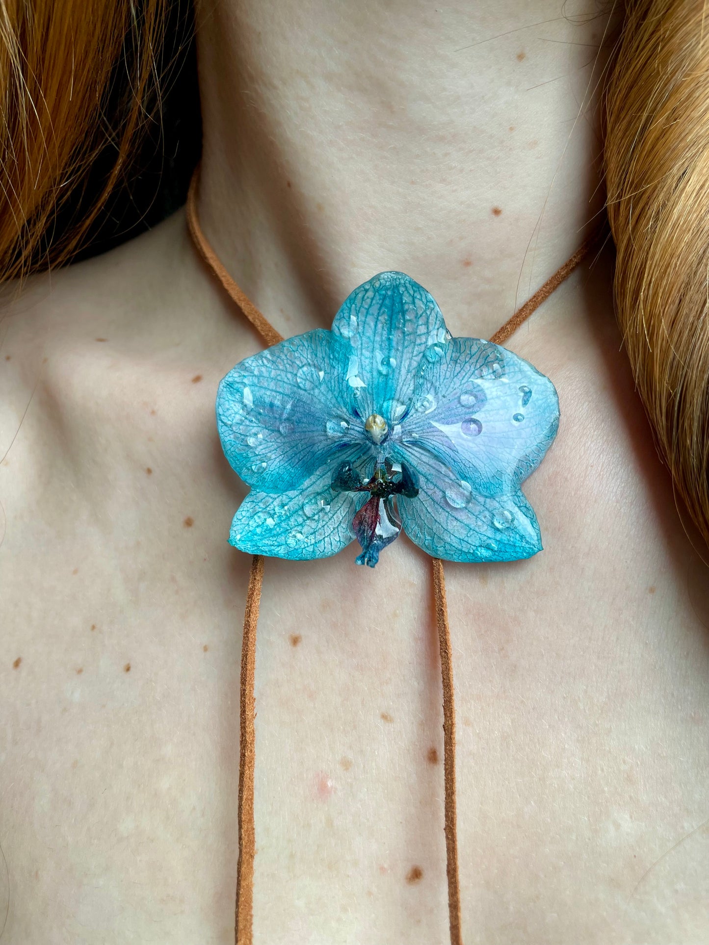 Blue Orchid Raindrops Pendant - Real Flower in UV Resin Art