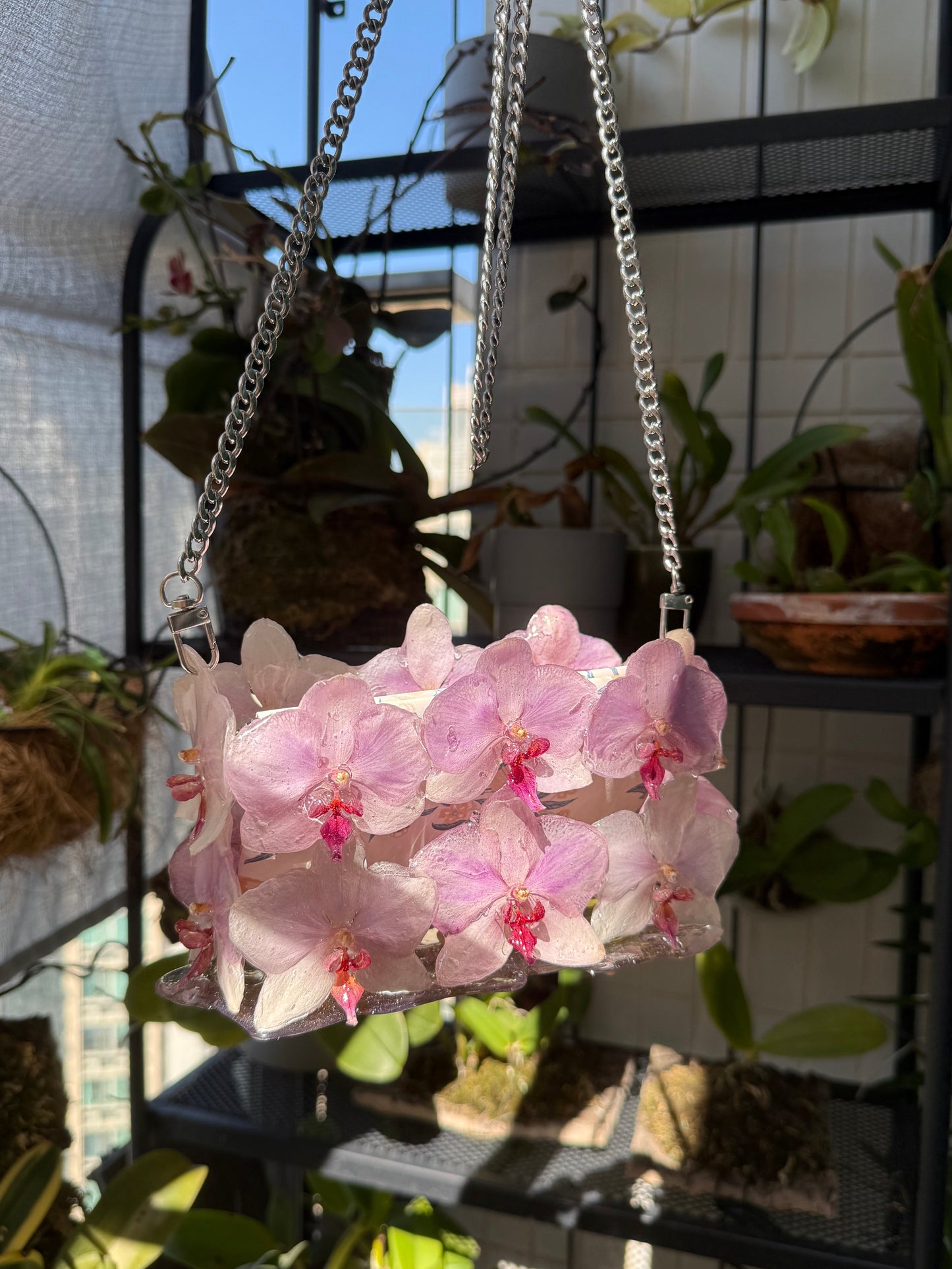 Luxury Pink Orchid Designer Bag - Real Flowers in UV Resin