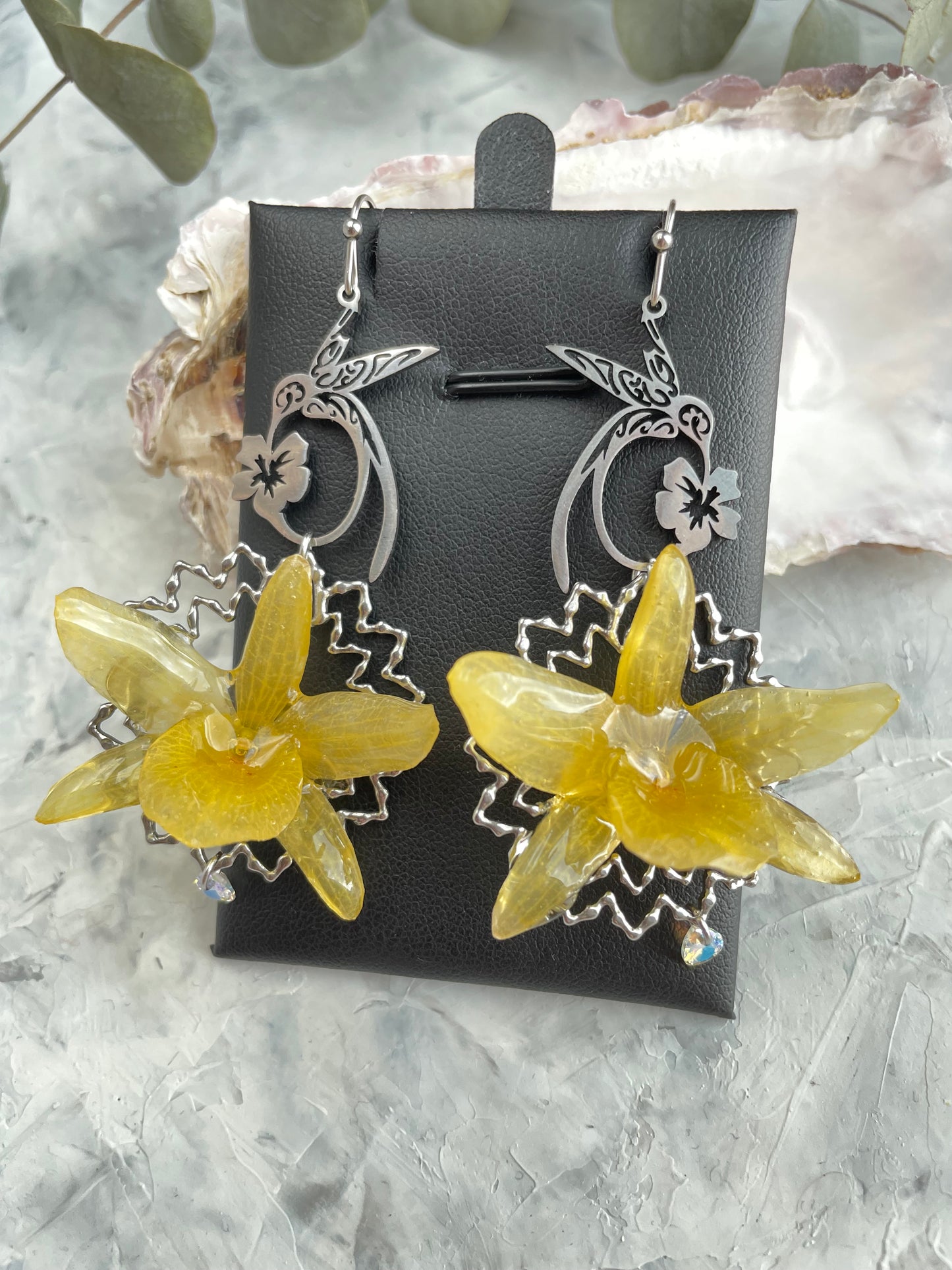 Handmade Orchid Earrings - Real Flower Jewelry with Cubic Zirconia
