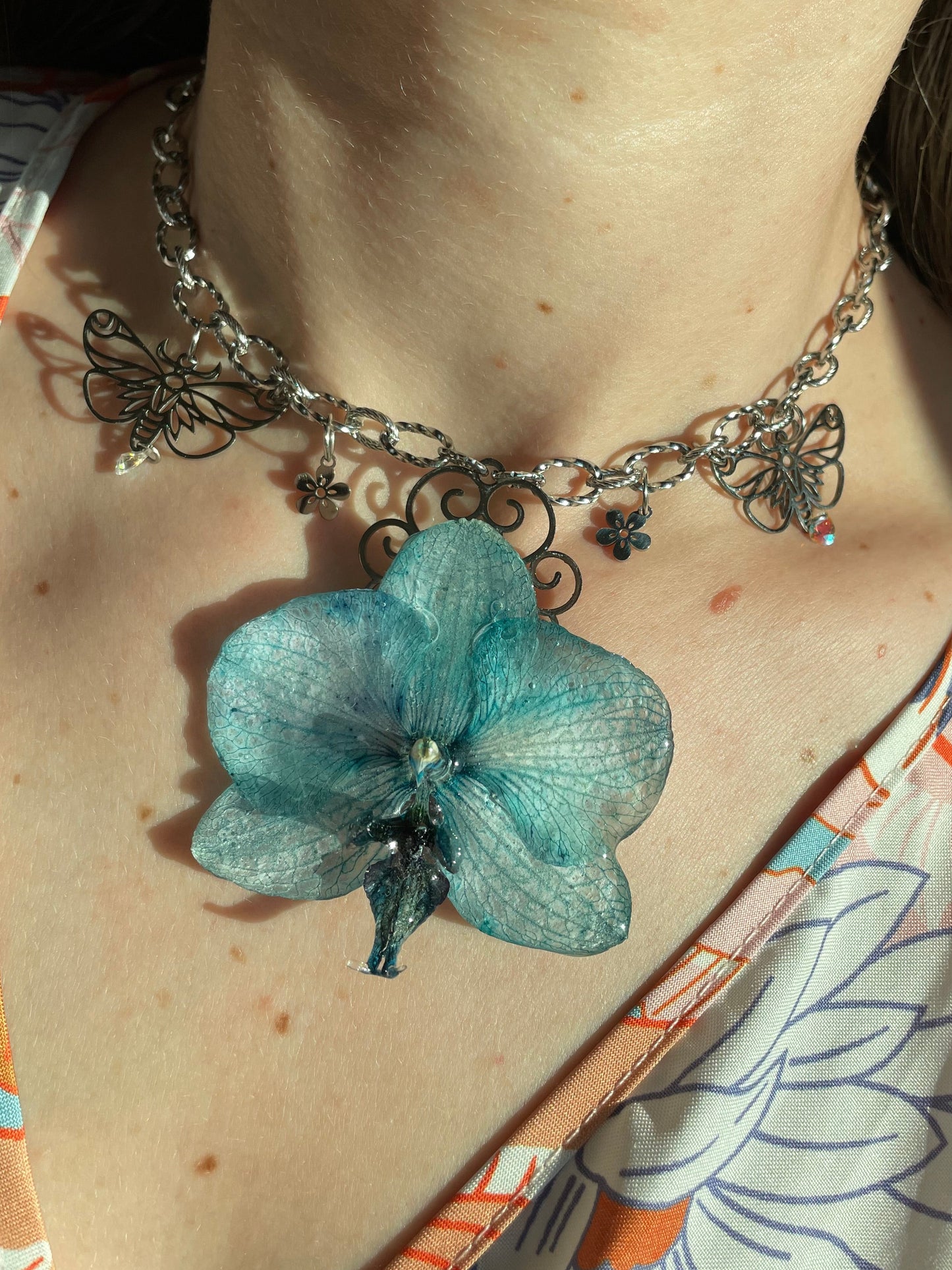 Blue Orchid Necklace - Preserved Flower Jewelry in UV Resin