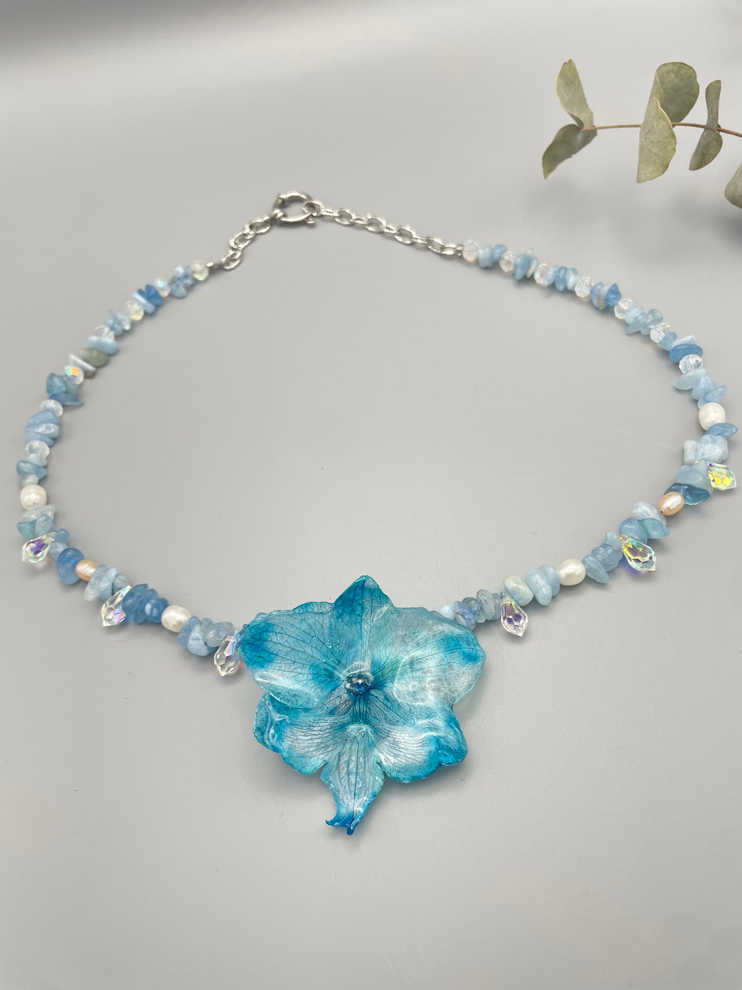 Blue Orchid & Aquamarine Necklace - Preserved Flower Jewelry in UV Resin