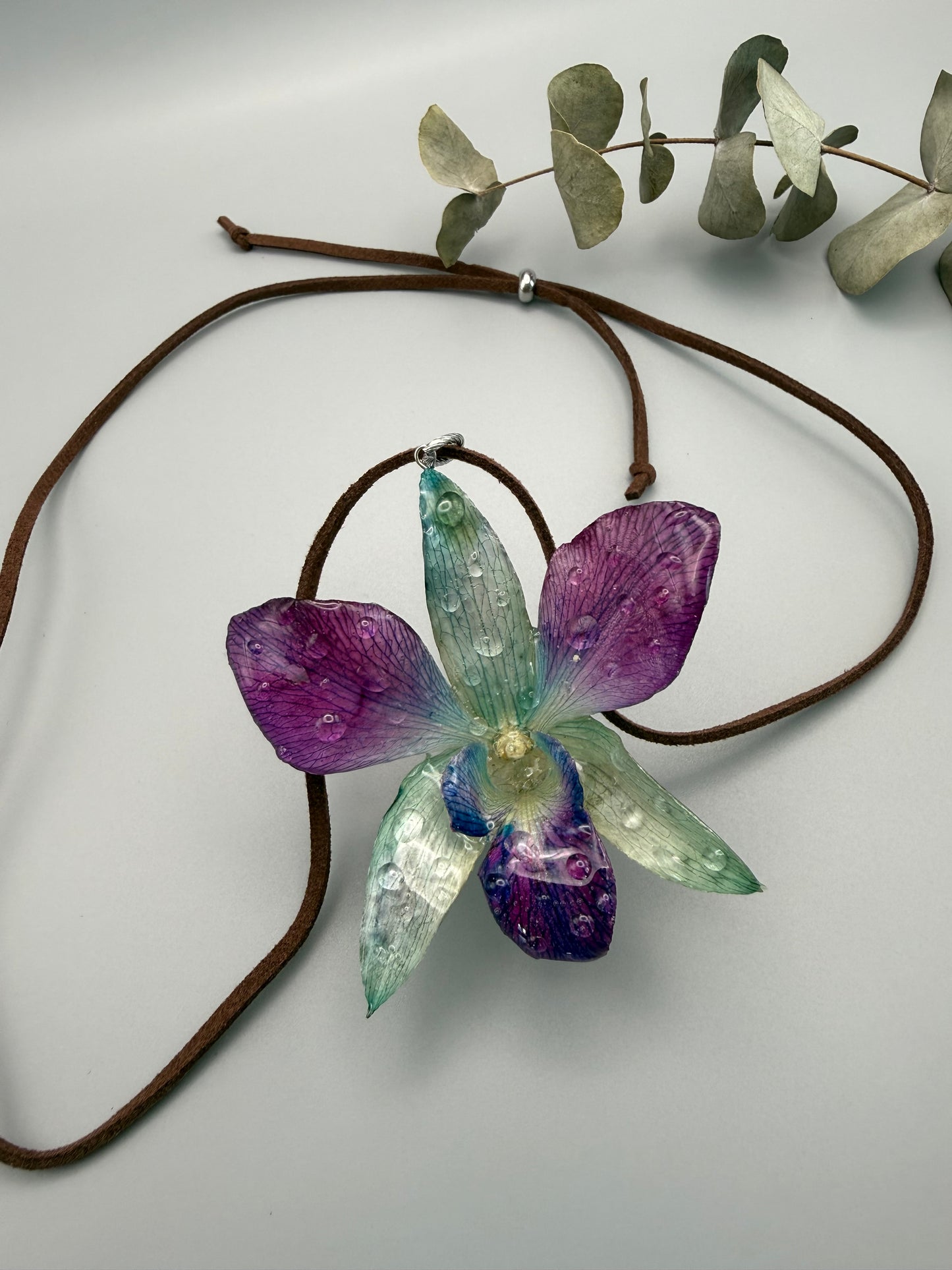 Orchid Dew Real Flower Pendant - Hand-Dyed Botanical Jewelry