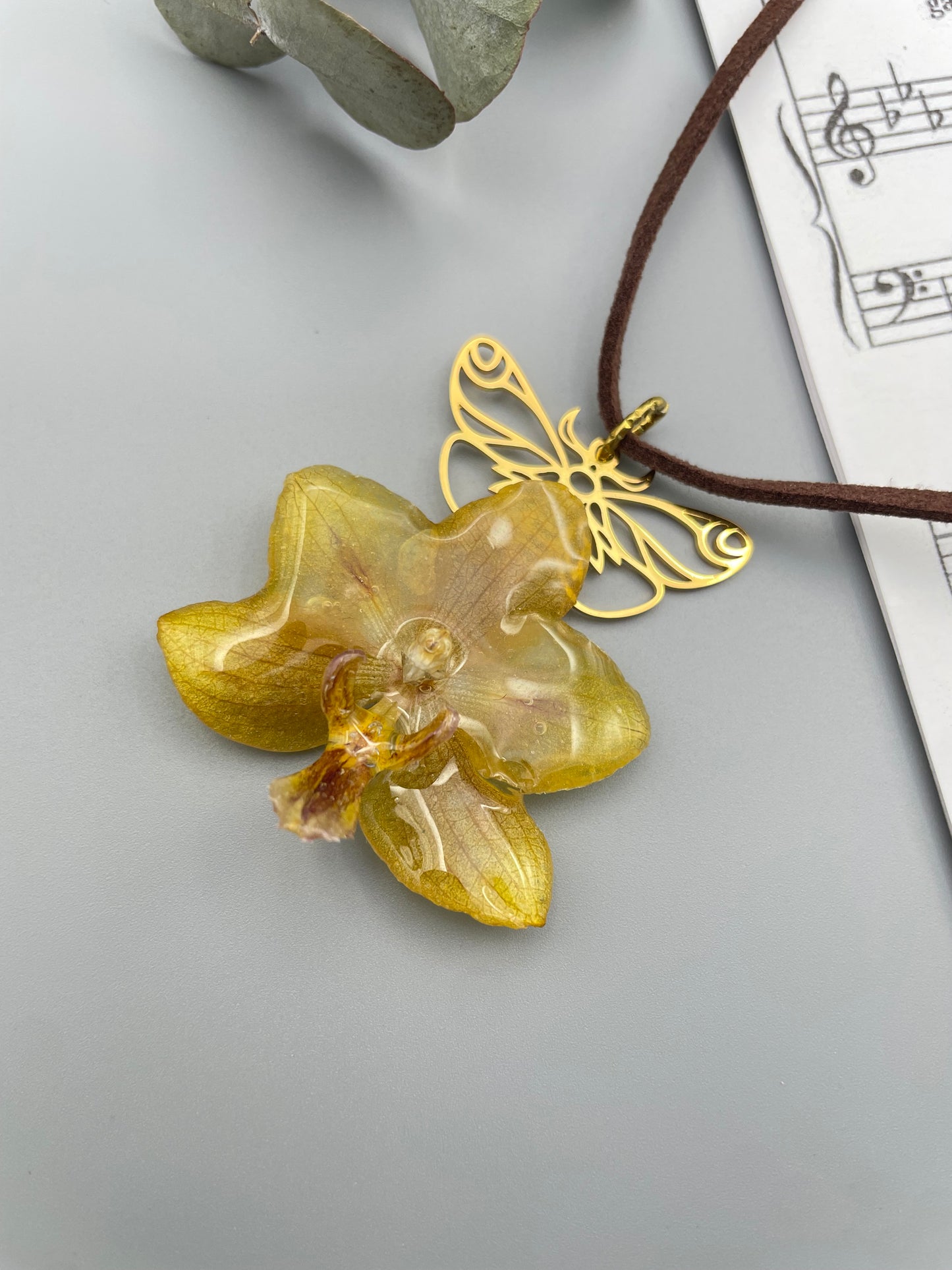 Golden Orchid & Butterfly Pendant - Real Flower Wearable Art