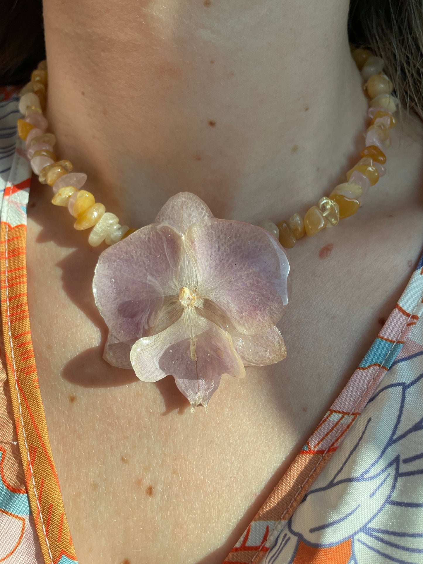 Sunrise Glow Real Orchid Necklace - Citrine & Yellow Jade